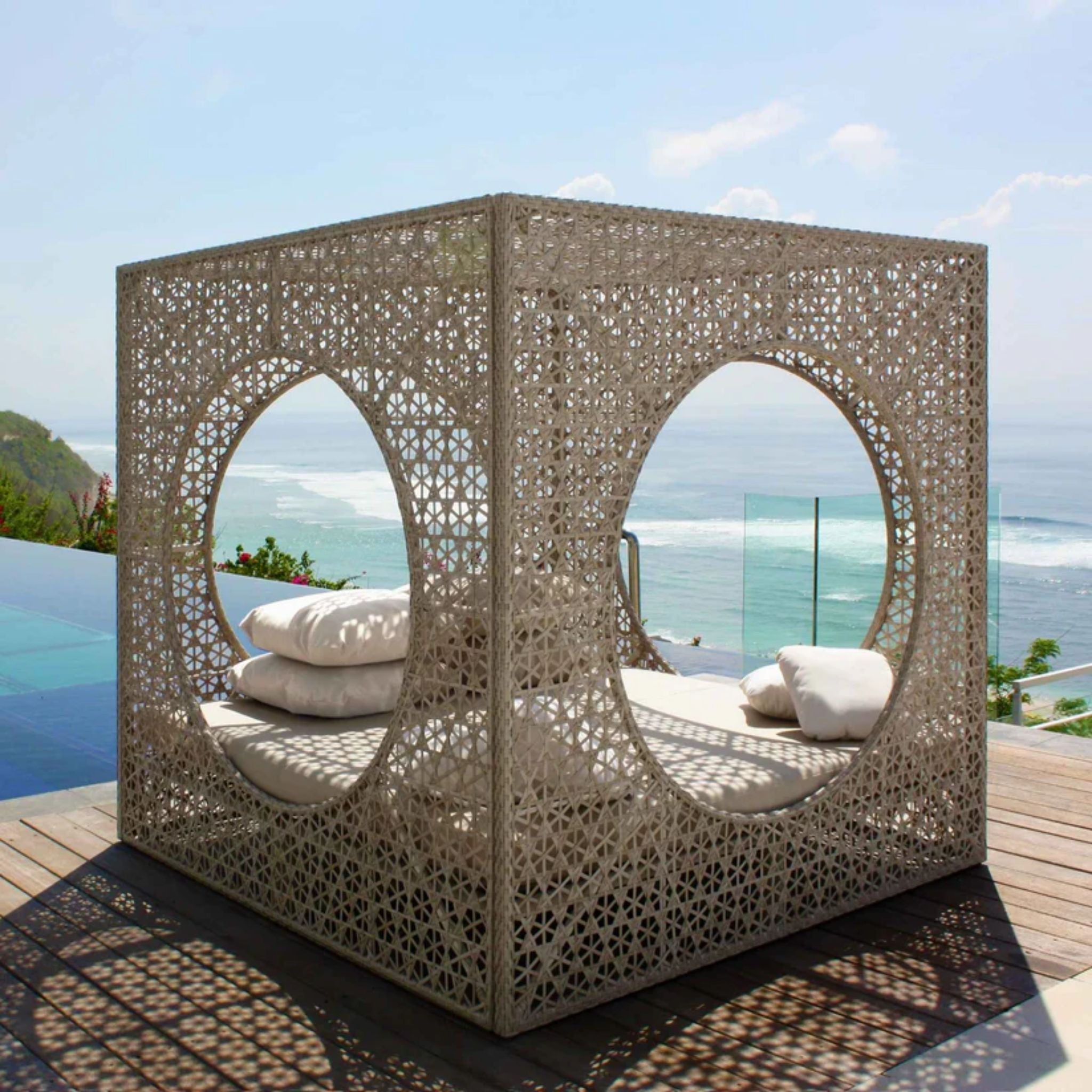 Skyline Design Cube outdoor daybed with Sunbrella® cushions, featuring a modern design and comfortable seating for outdoor relaxation.