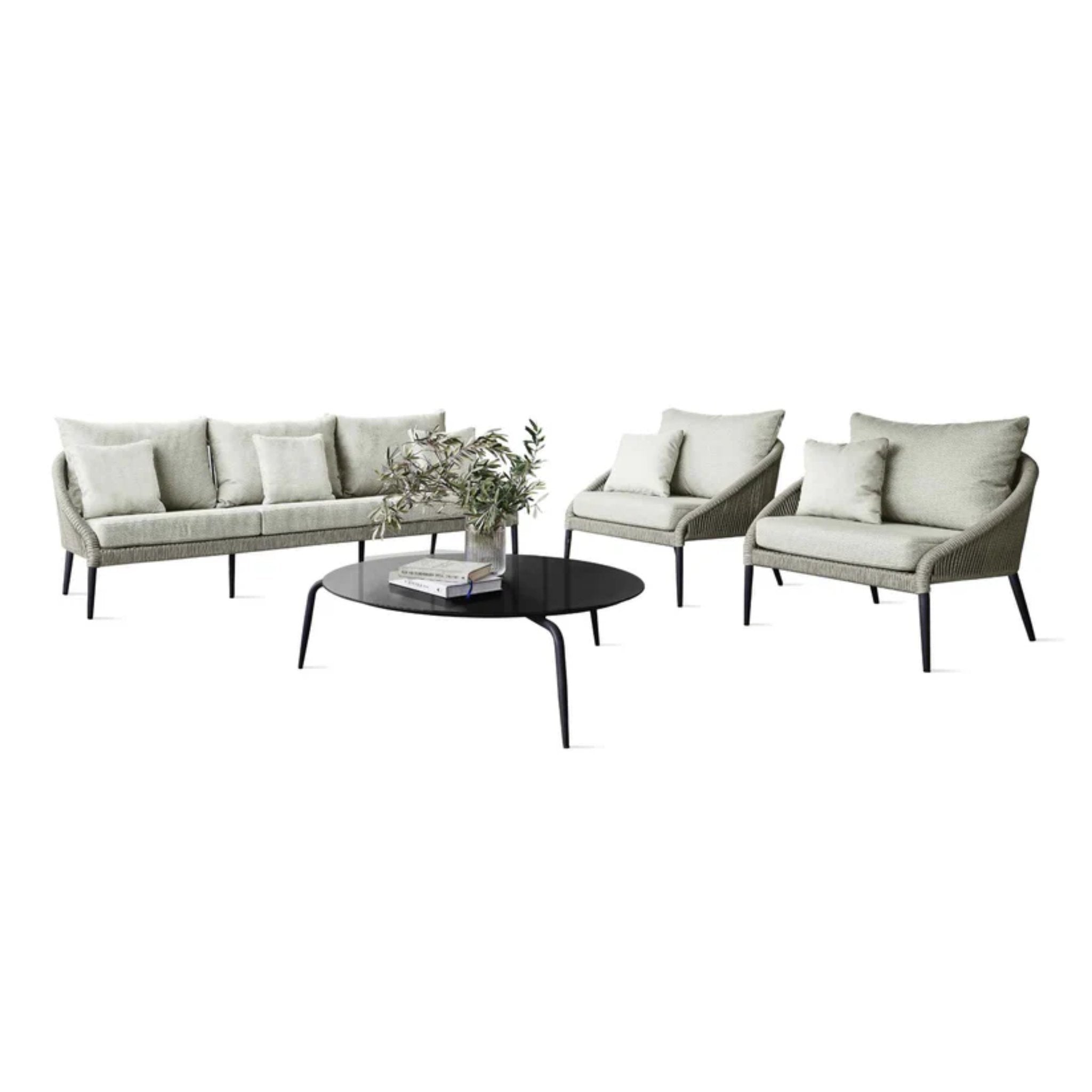 Skyline Design Rodona outdoor lounge set with sofa, chairs, and coffee table in white and black wicker, perfect for patio seating.