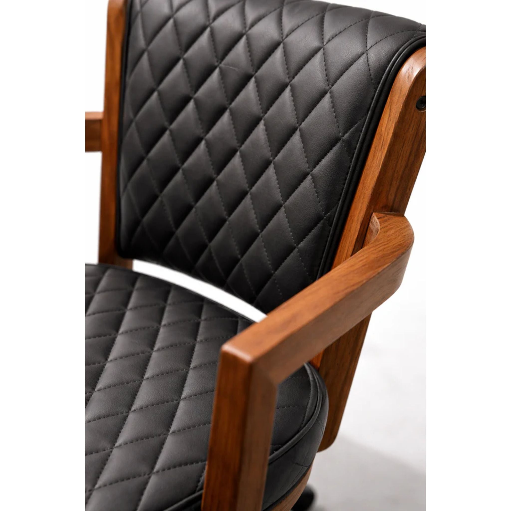 Close-up of Ram Game Room Prohibition Poker & Dining Chair with walnut finish, modern swivel game chair for gaming and dining.
