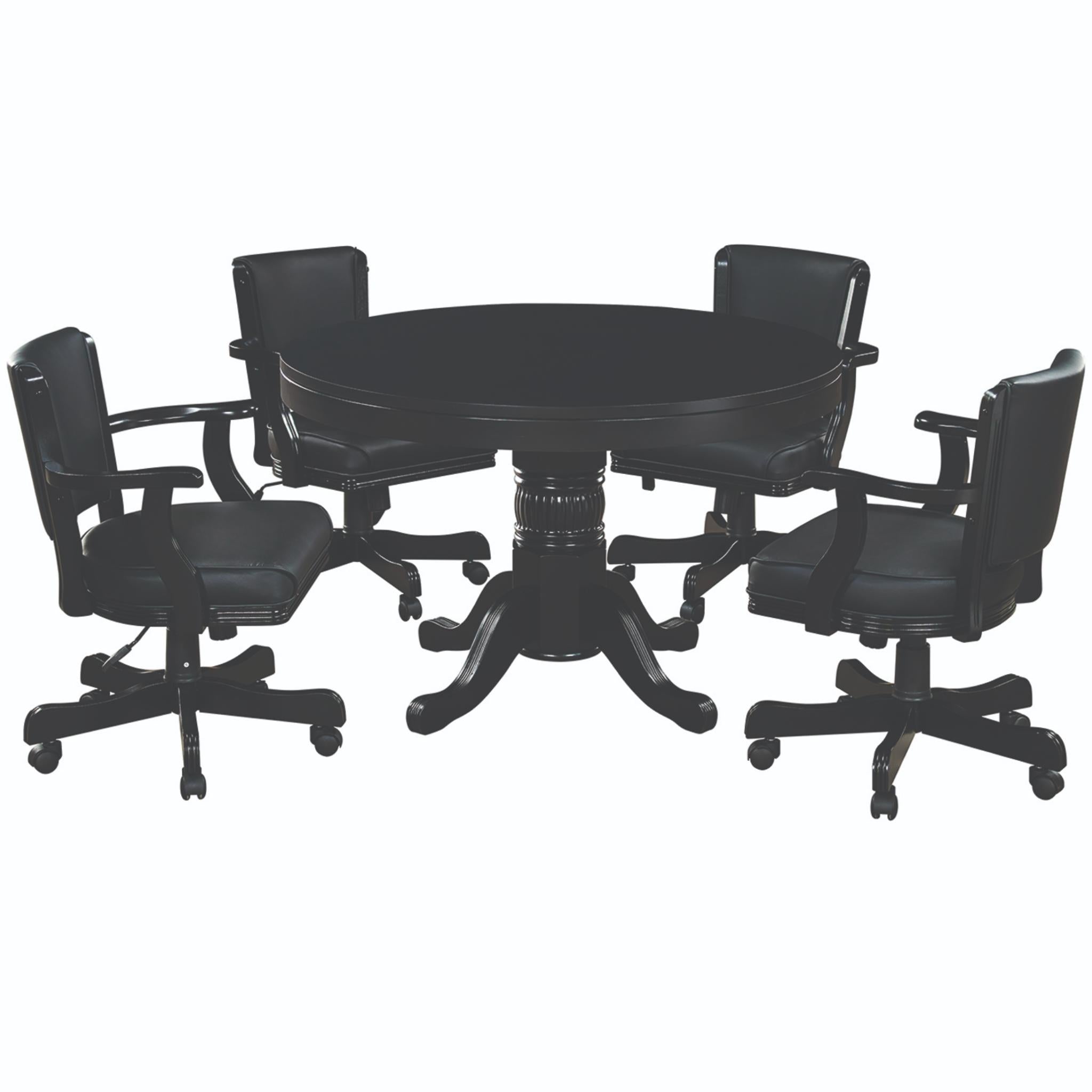RAM Game Room 48" 3-in-1 game and dining table set with four black swivel chairs in a modern setting.