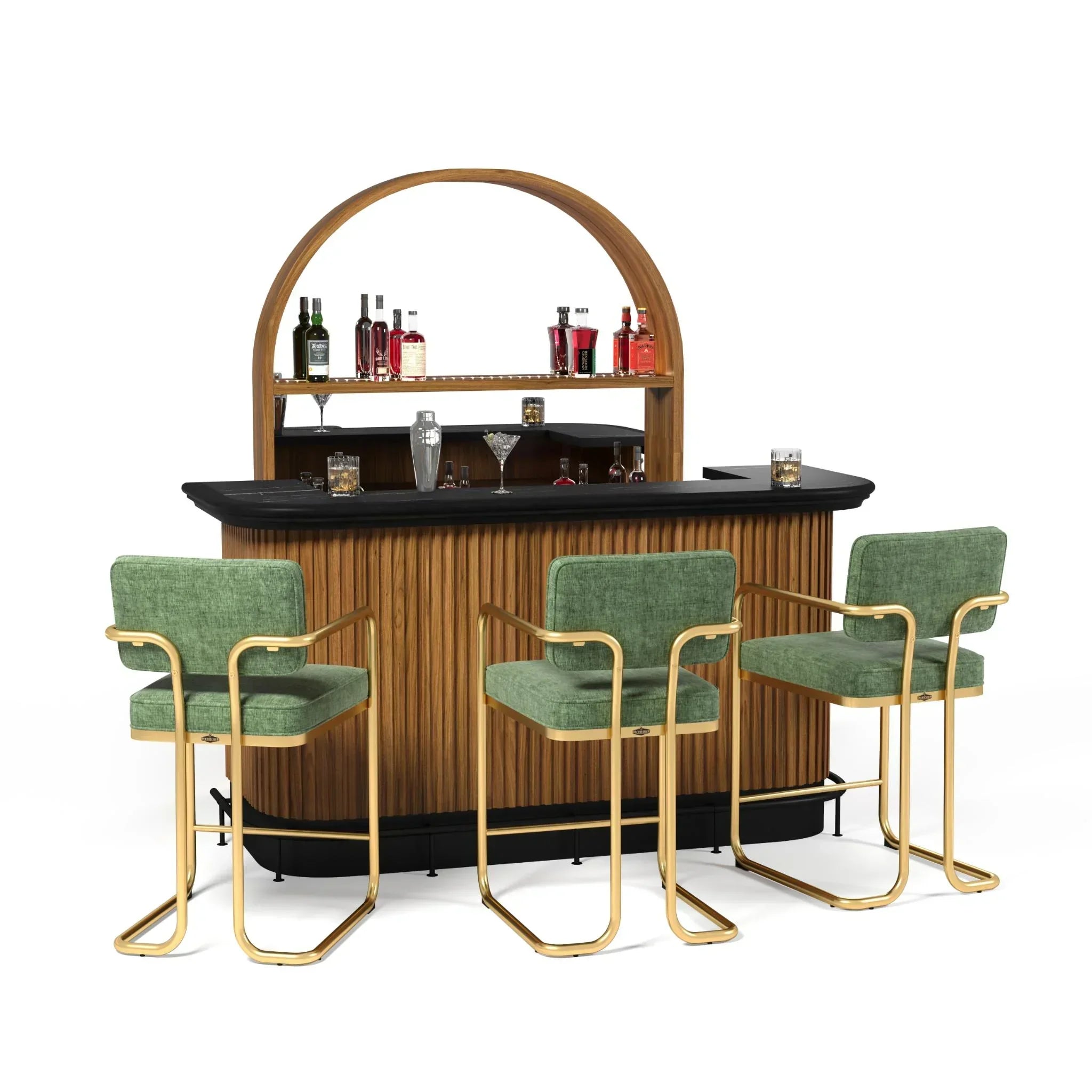 Green and walnut 84" bar set with bar stools from Ram Game Room, featuring a stylish back bar design.