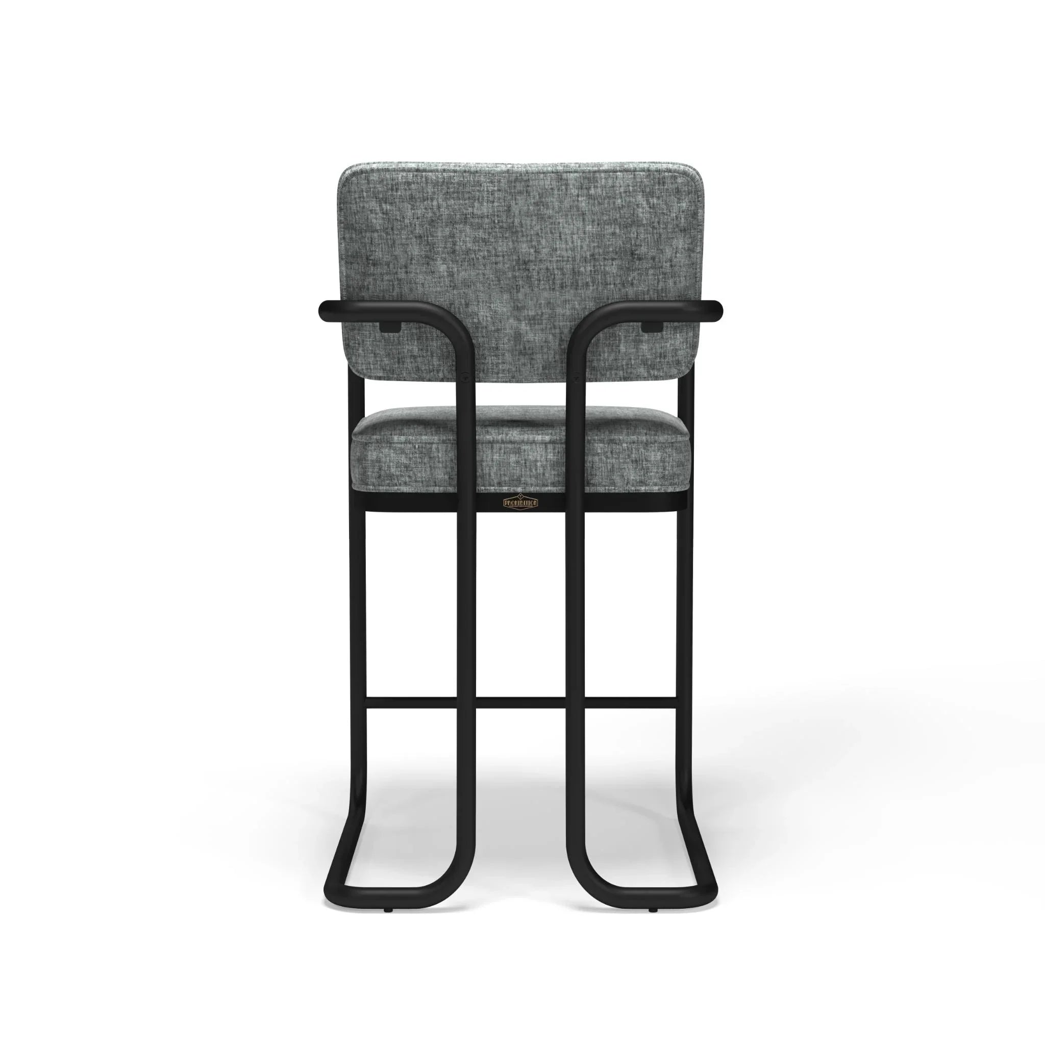 Ram Game Room Prohibition Barstool with grey upholstery and wooden legs, ideal for home bars and game rooms.
