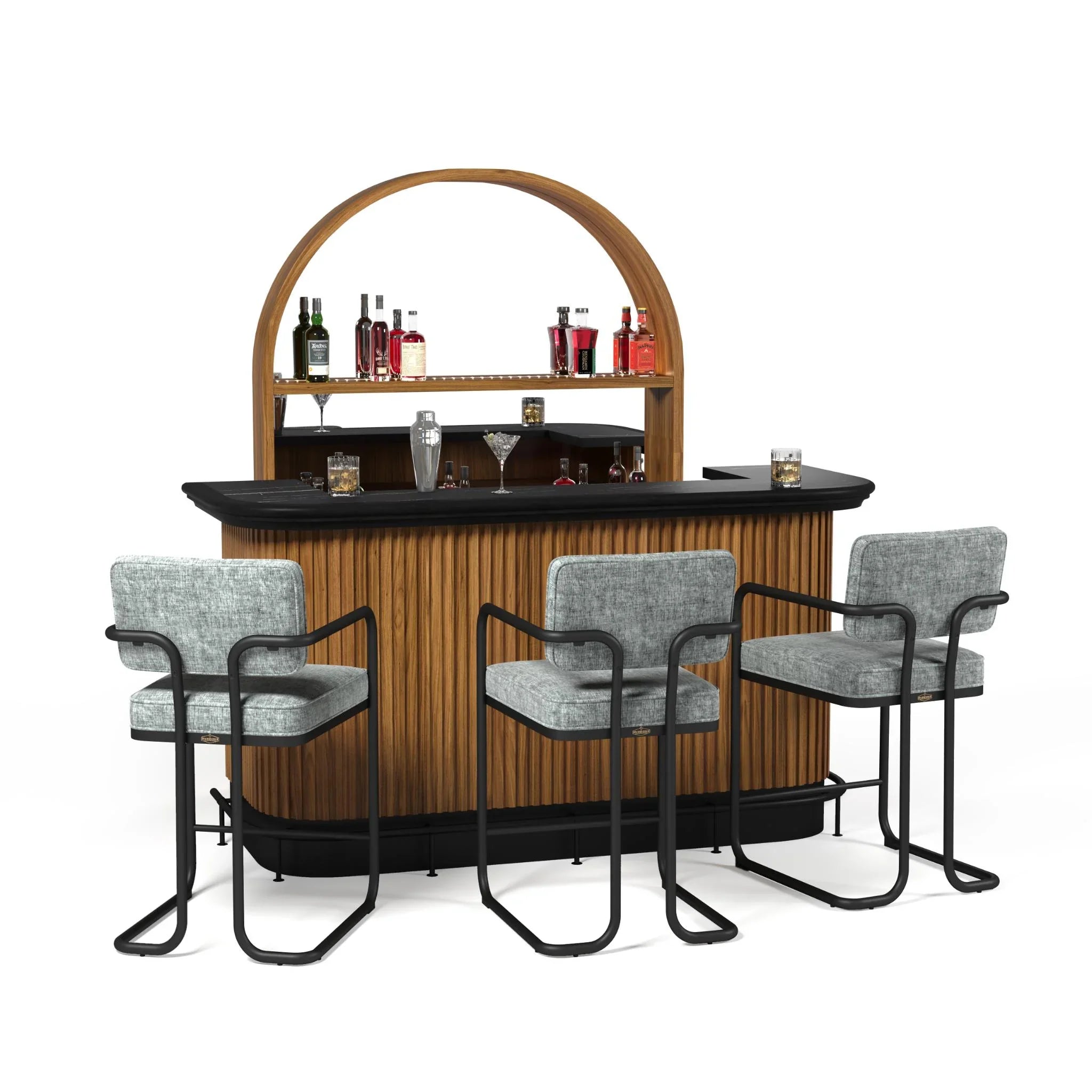 Ram Game Room Prohibition Series 84" bar set with grey bar and stools in a stylish game room setting.