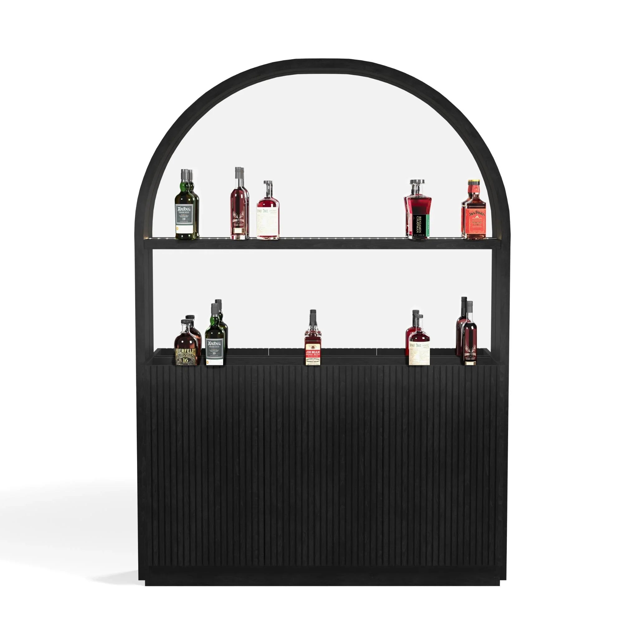 Back bar from Ram Game Room featuring a sleek design with white bottles displayed on top.