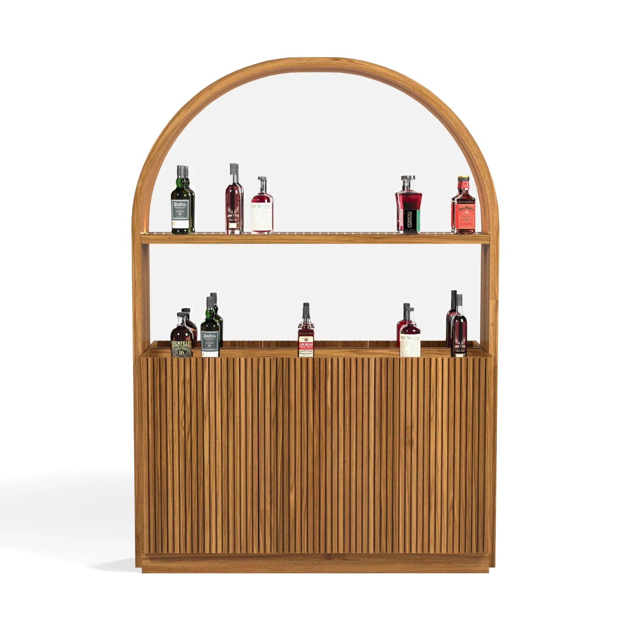 Ram Game Room Prohibition Series back bar in straight walnut finish with bottles displayed on shelves.