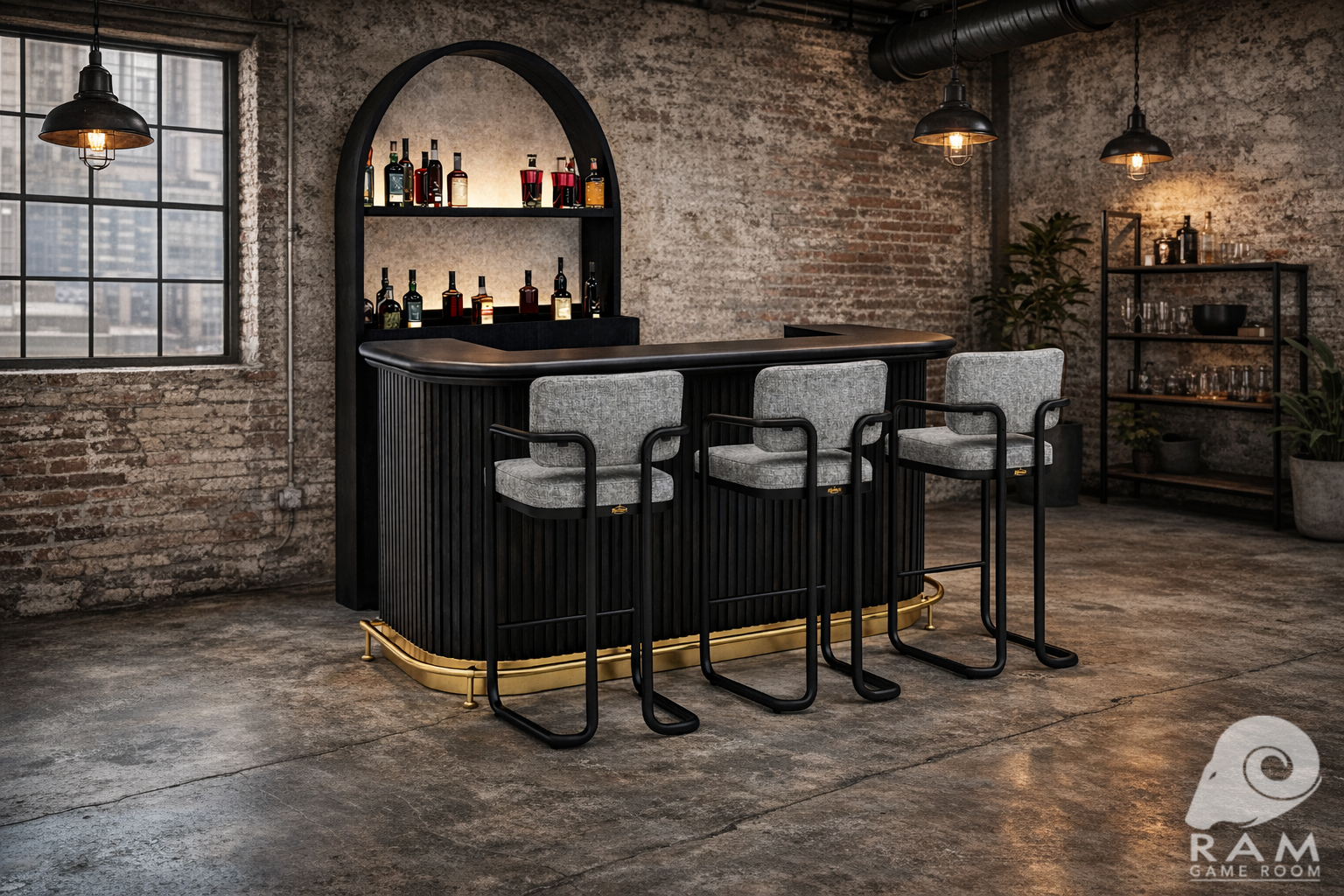 Ram Game Room Prohibition Series 60-inch vintage gray home bar cabinet with industrial loft style footrail and tools.