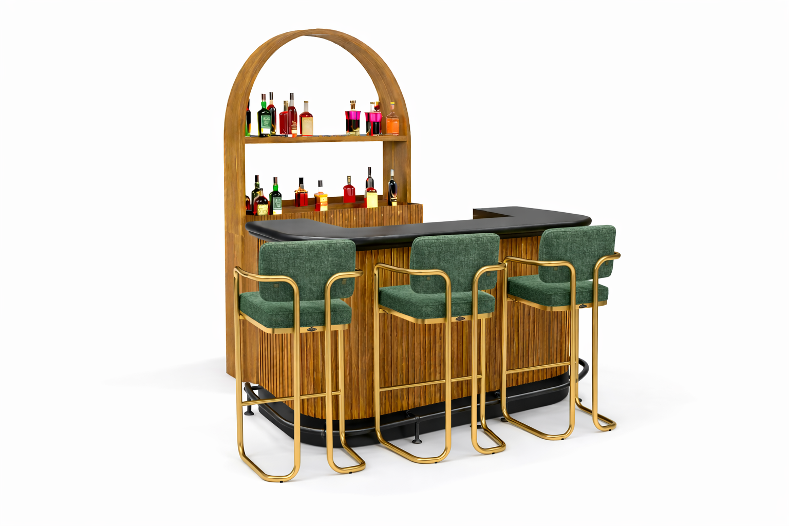 Ram Game Room Prohibition Series 60-inch home bar cabinet with vintage green stools and footrail, designed for stylish game room entertainment.