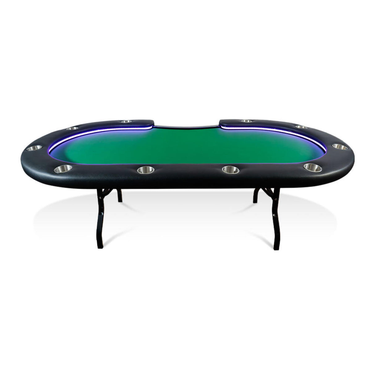 BBO Poker Tables Aces Pro Alpha LED folding Texas Hold’em poker table with green velveteen surface, cup holders, and padded rails.