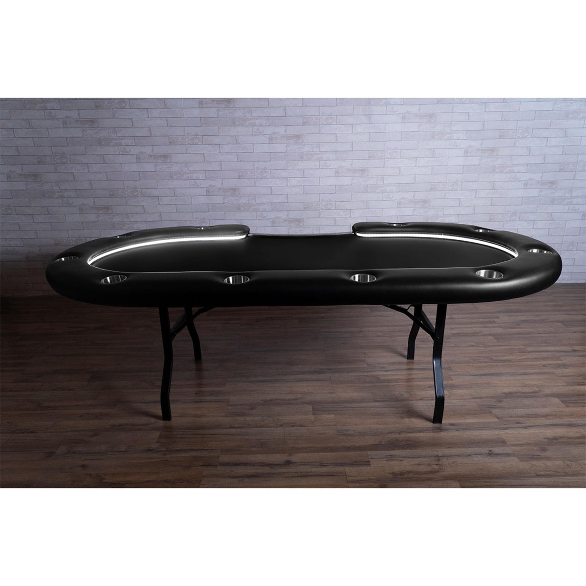 BBO Poker Tables Aces Pro Alpha LED folding Texas Hold’em poker table with green velveteen surface and built-in chip trays