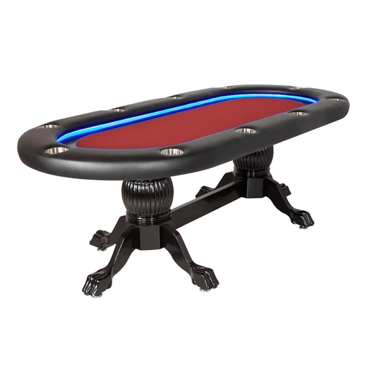 BBO Poker Tables Elite Alpha luxury oval Texas Hold’em poker table with green velveteen surface and built-in cup holders.