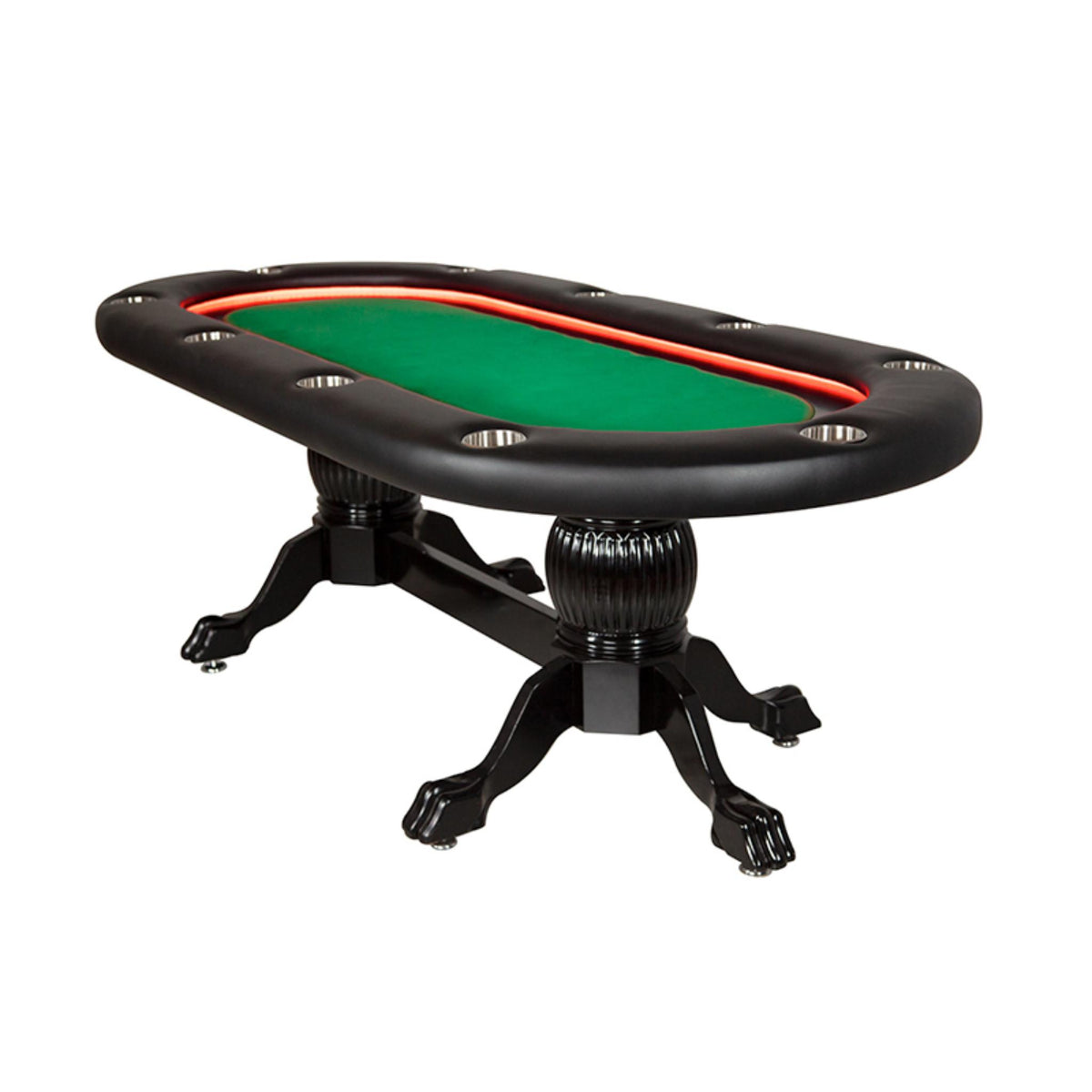 Green oval BBO Poker Tables Elite Alpha poker table with plush velveteen surface, designed for Texas Hold’em poker games.