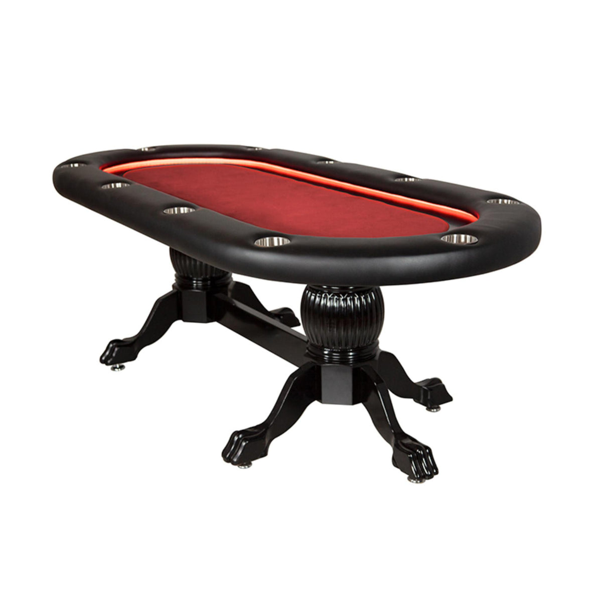 Green velvet BBO Poker Tables Elite Alpha luxury oval Texas Hold’em poker table with padded armrest and built-in chip trays.