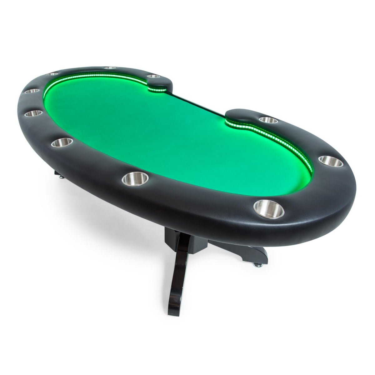 Green BBO Poker Tables Lumen HD LED Poker Table for Texas Hold’em, featuring plush velveteen surface and built-in lighting.