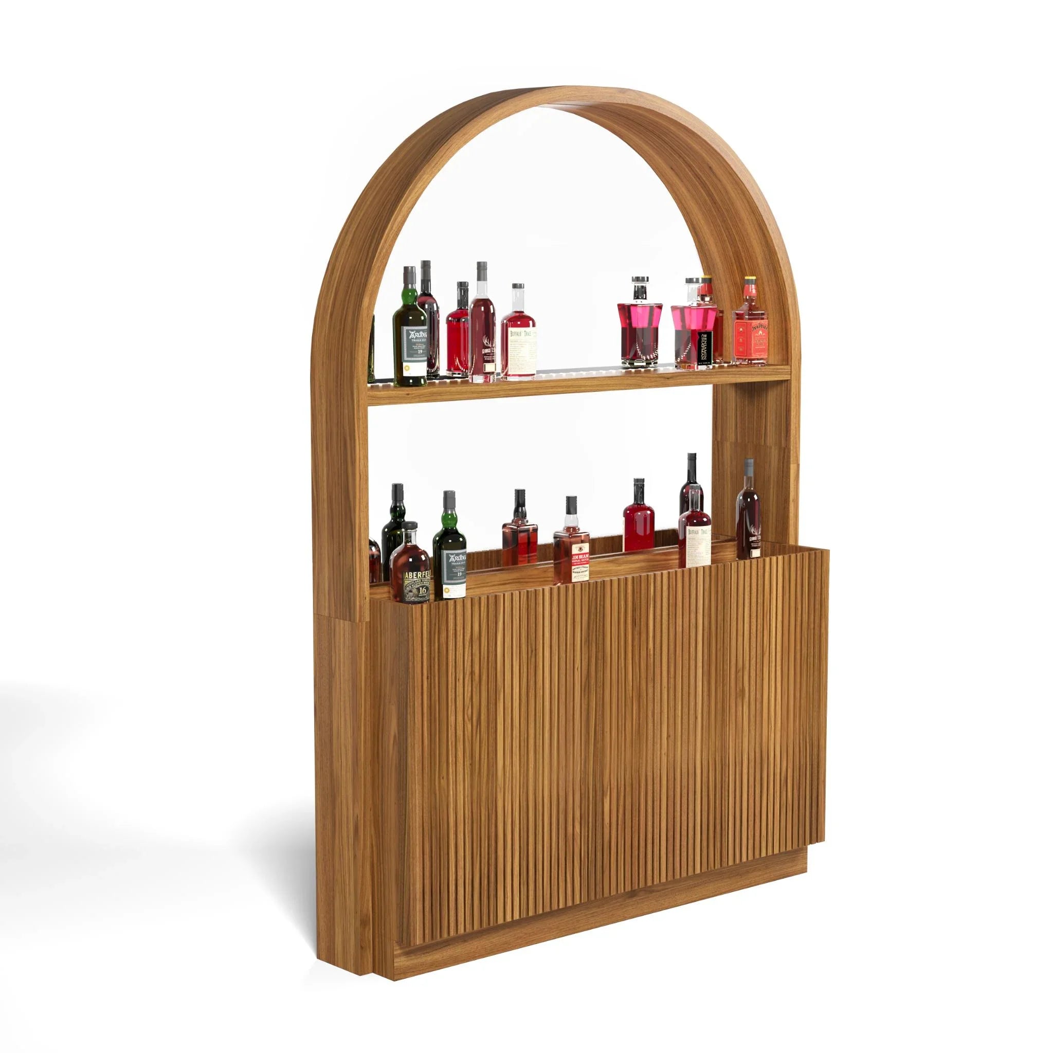 Ram Game Room Prohibition Series back bar cabinet in walnut, liquor display cabinet with glass doors and shelving for bar storage.