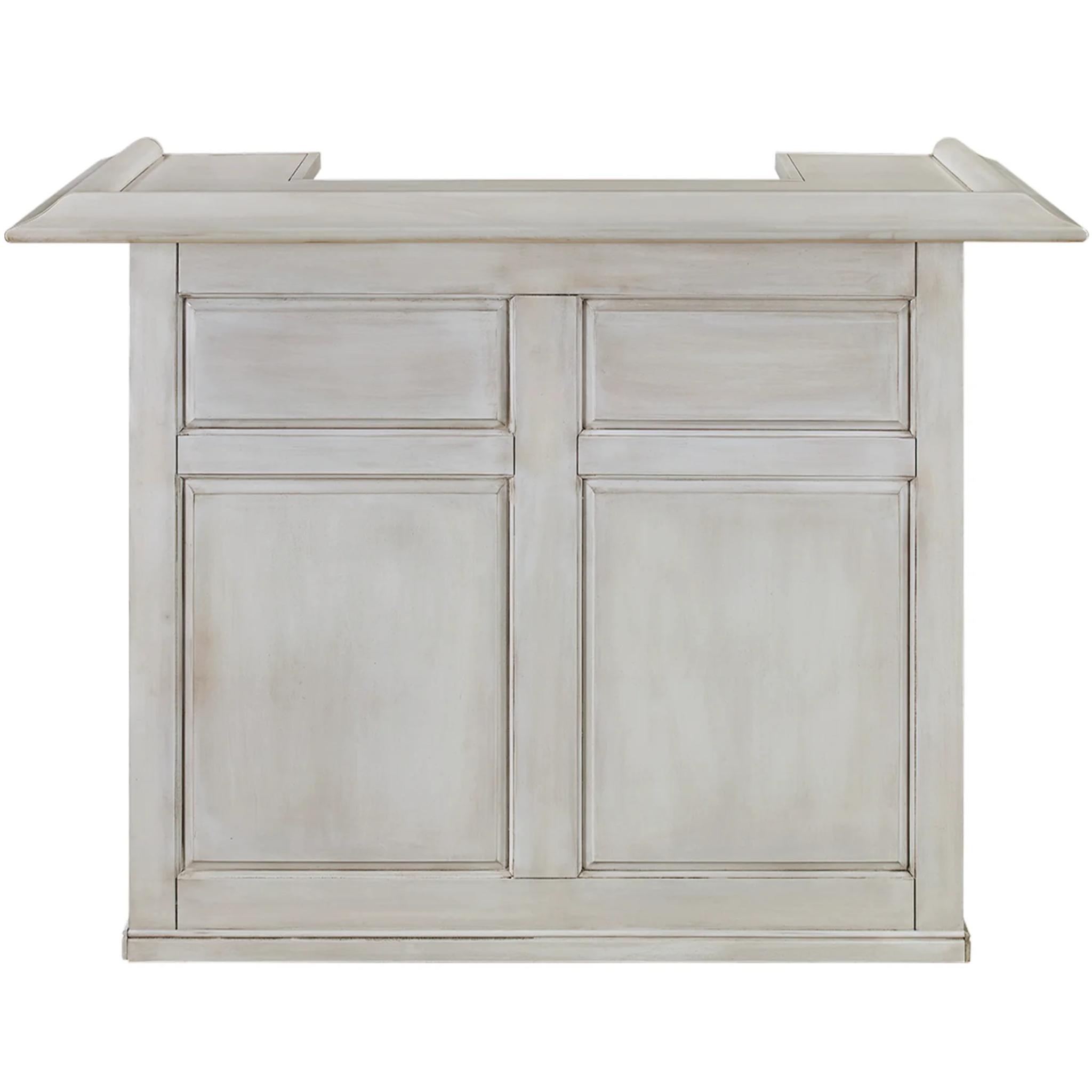 Ram Game Room English Pub Style Bar cabinet in antique white solid wood, showcasing a classic home bar with shelves and storage.