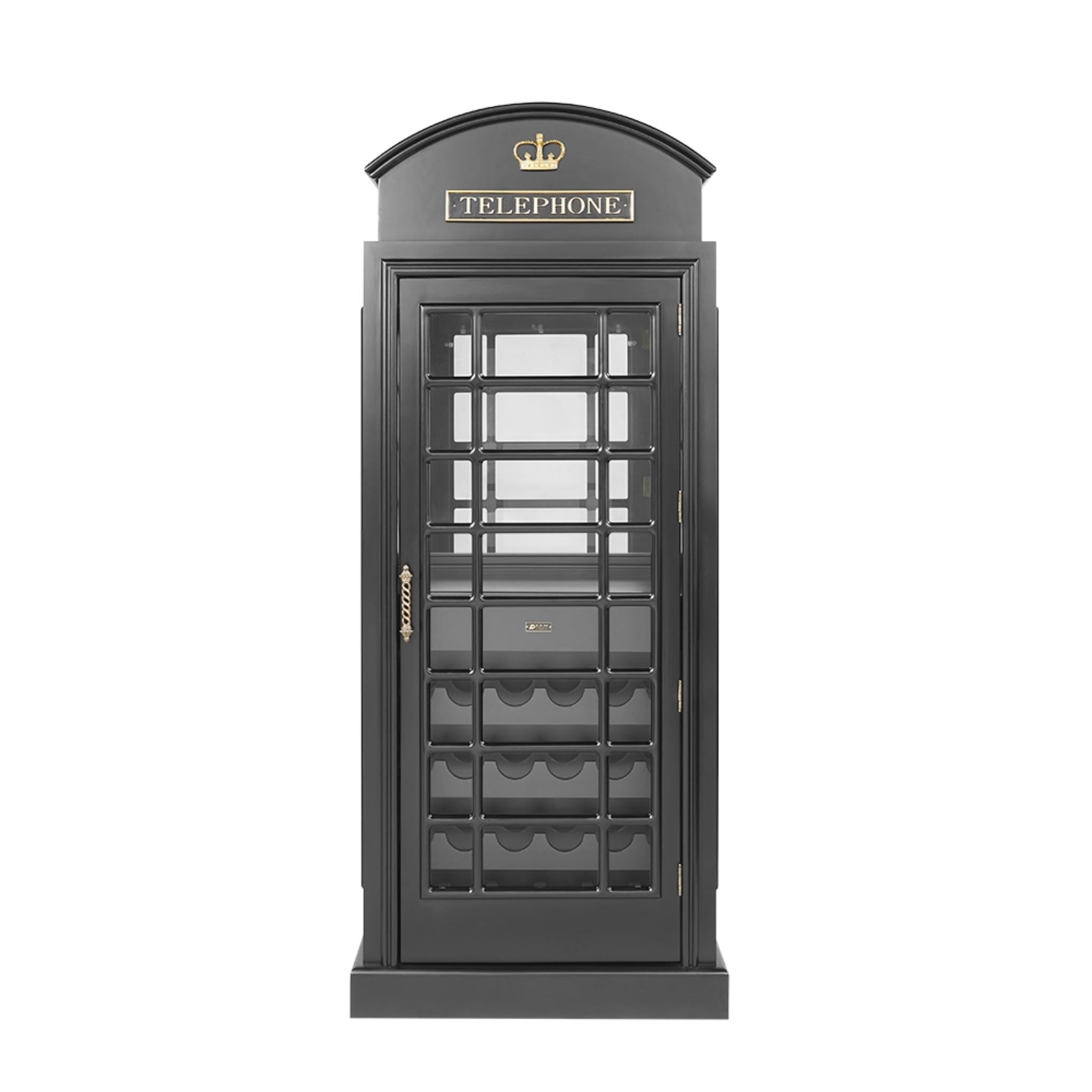 Ram Game Room vintage pub style black bar cabinet designed like an English phone booth with liquor storage and classic pub decor.