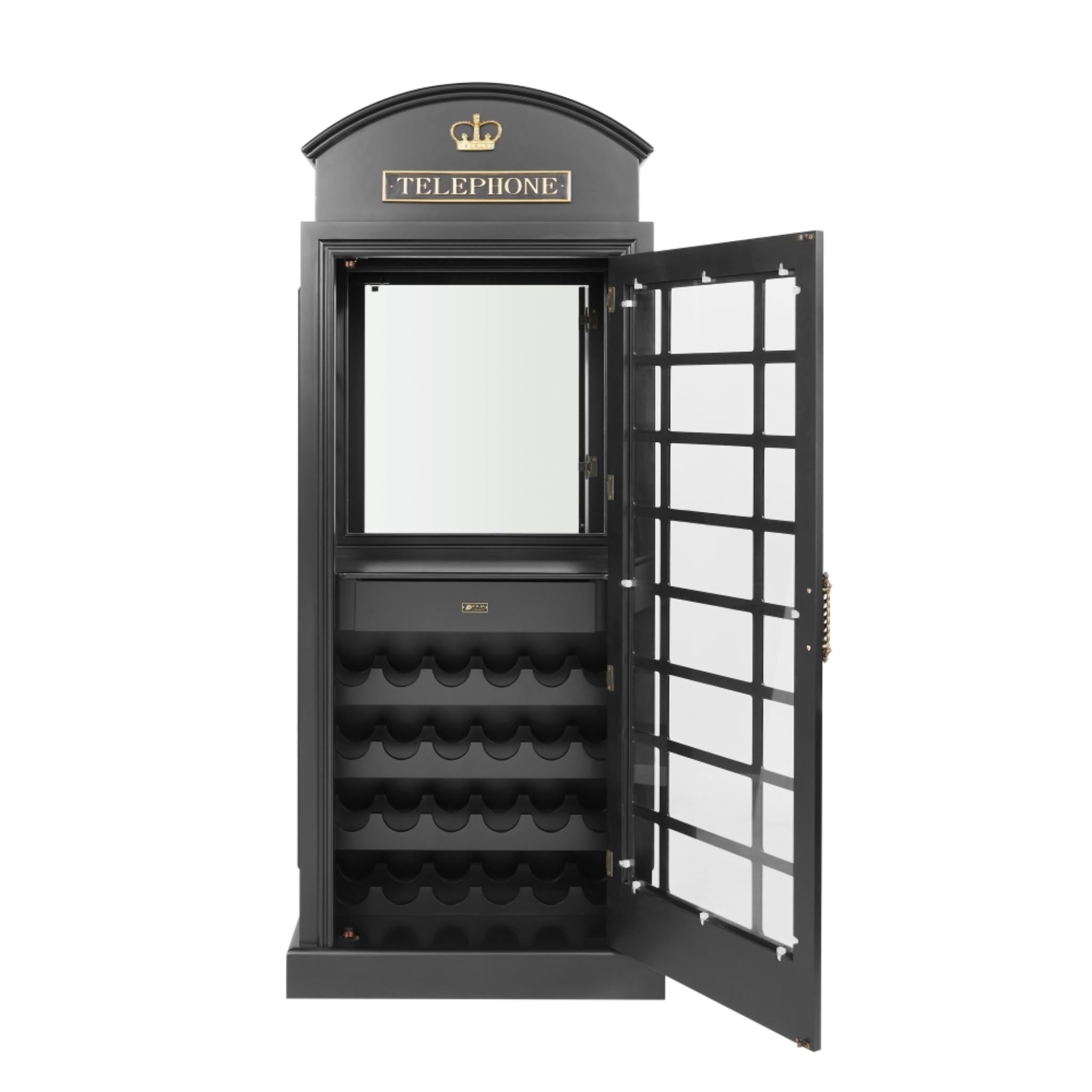 Black Ram Game Room English Phone Booth Bar Cabinet in vintage pub style, ideal for storing liquor in a stylish game room setting.