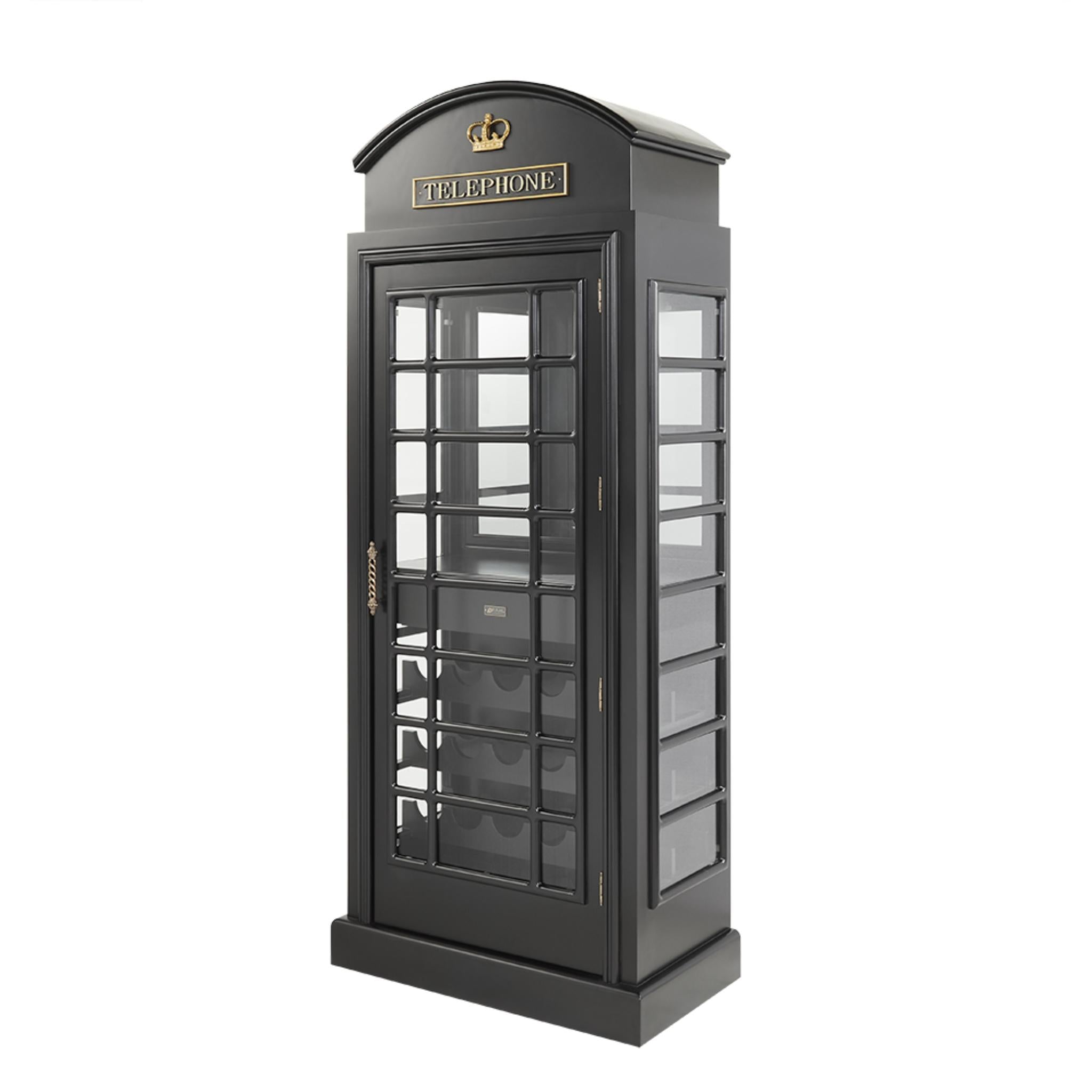 Black Ram Game Room English Phone Booth Bar Cabinet with vintage pub style, ideal for liquor storage and game room decor.