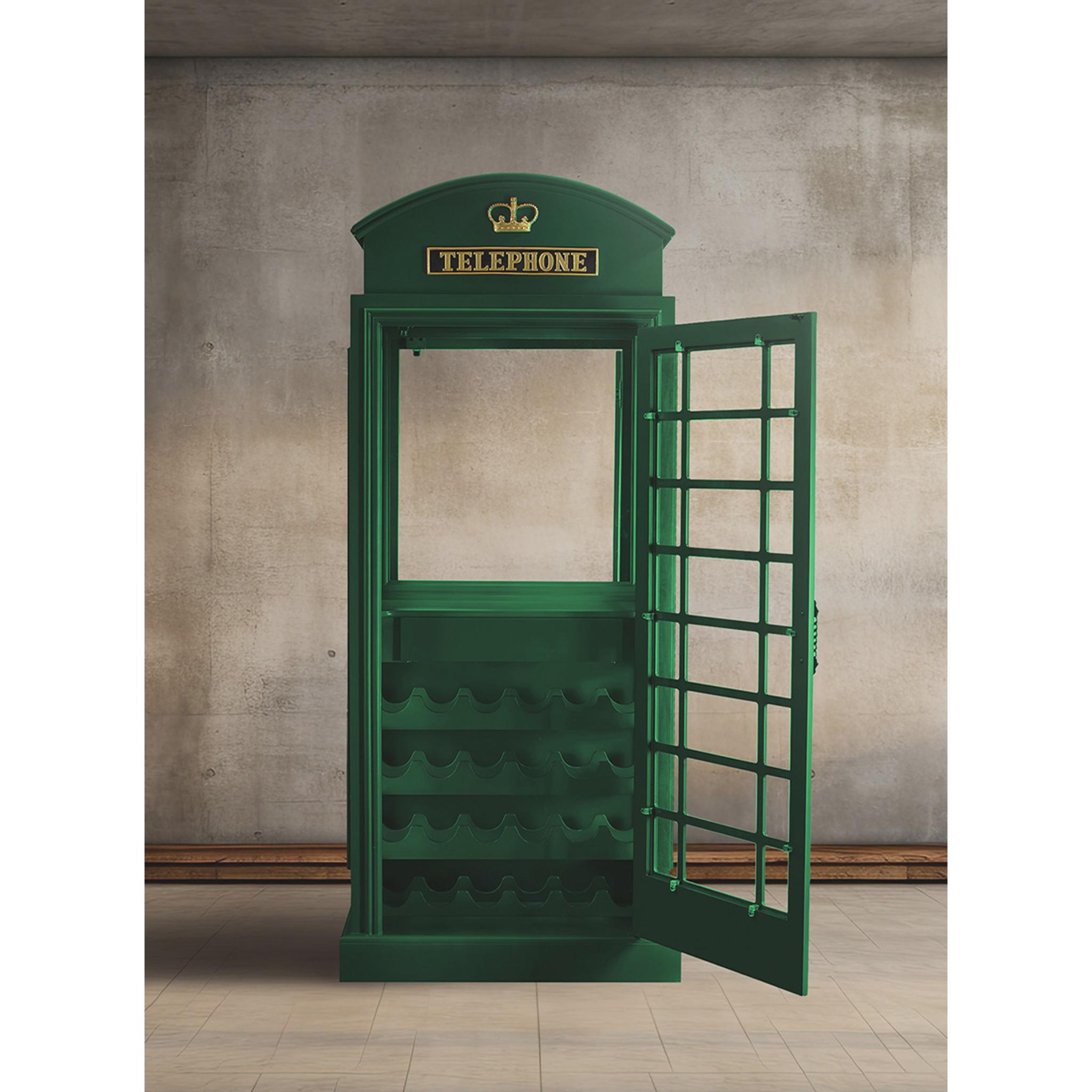 Ram Game Room vintage pub-style English phone booth bar cabinet, black liquor cabinet with classic pub design and storage.