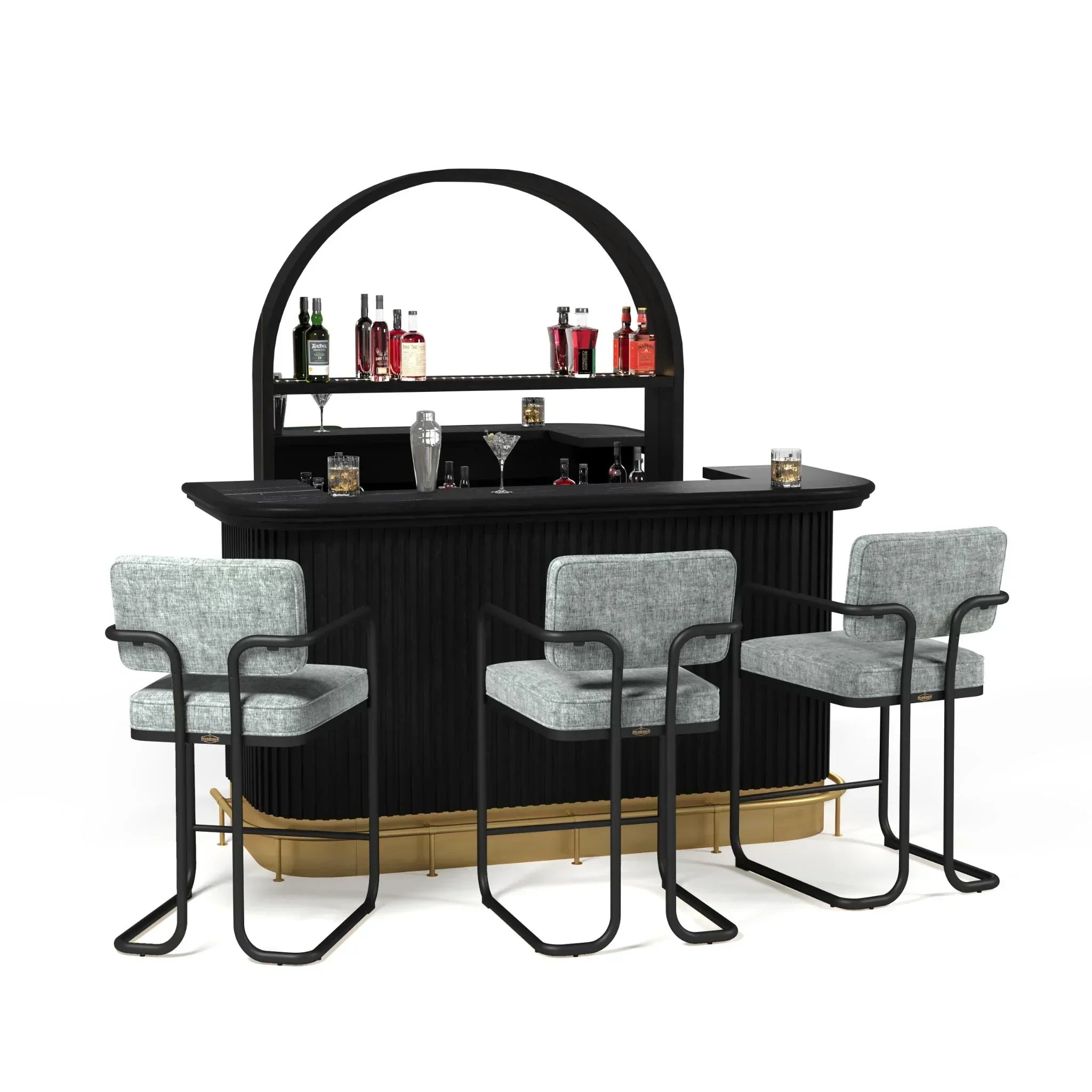 Ram Game Room Prohibition Series walnut home bar cabinet set with 84-inch bar and back bar for game room or entertainment space.