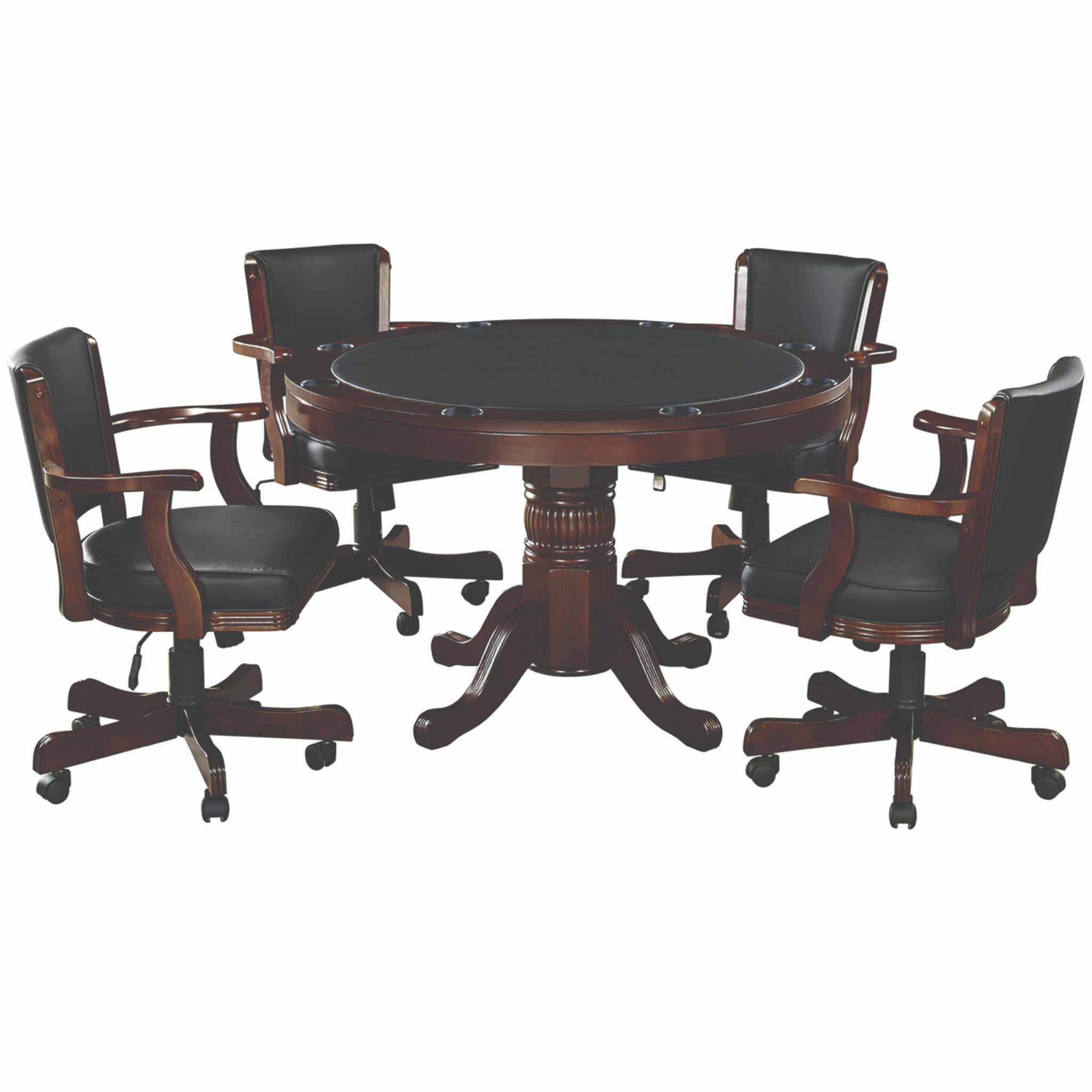 Ram Game Room 48-inch round 3-in-1 game table set with poker surface and four swivel chairs, in antique white finish.
