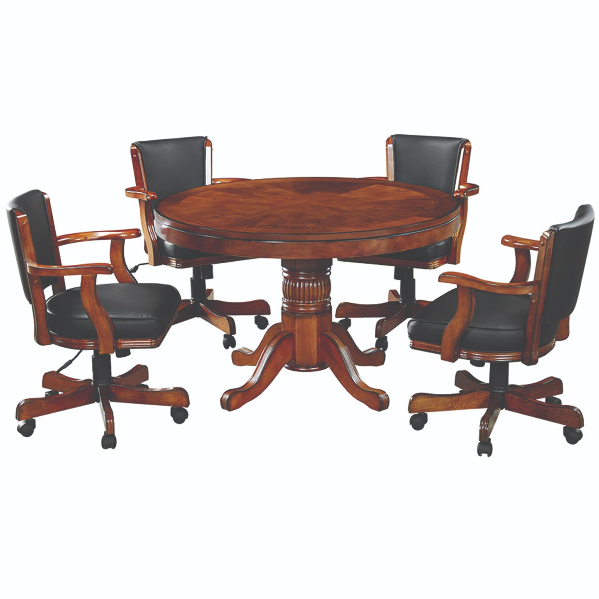 Ram Game Room 48-inch round 3-in-1 game table set with poker surface and four swivel chairs in antique white.