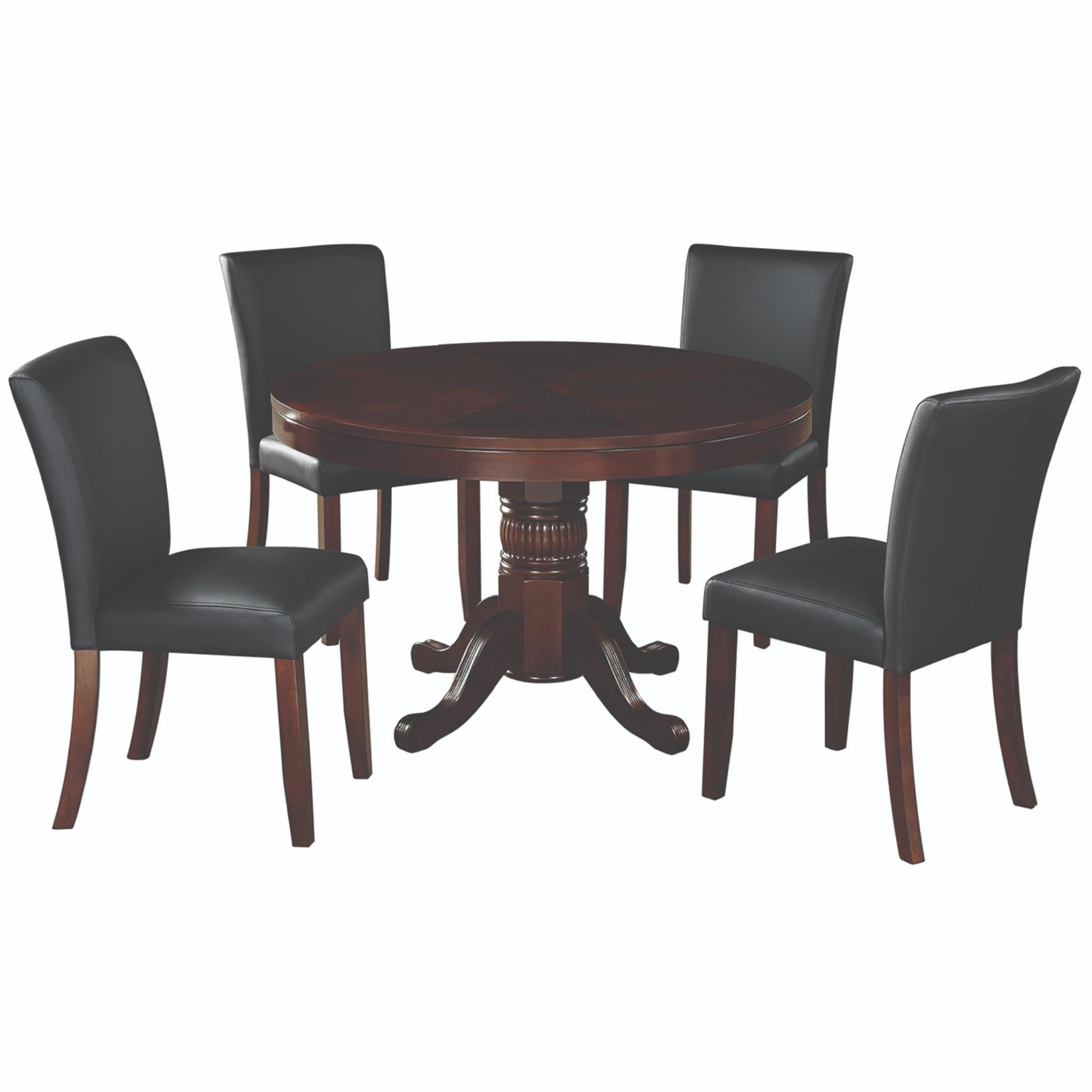 Ram Game Room 48-inch round 3-in-1 game table set featuring poker, dining surface, and four chairs in a cappuccino finish.