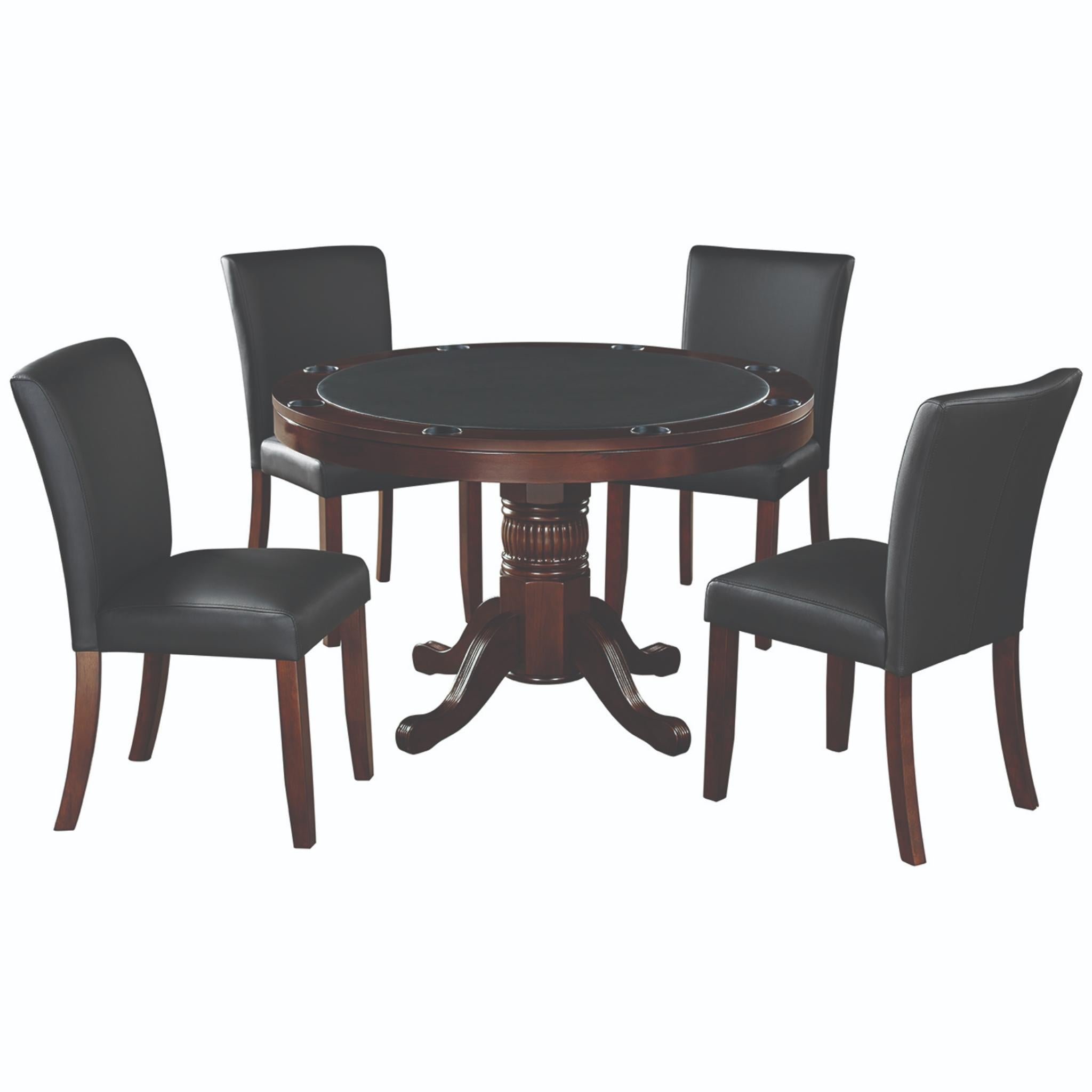 Ram Game Room 48-inch round 3-in-1 game table set with poker, dining surface, and four chairs in a cappuccino finish.