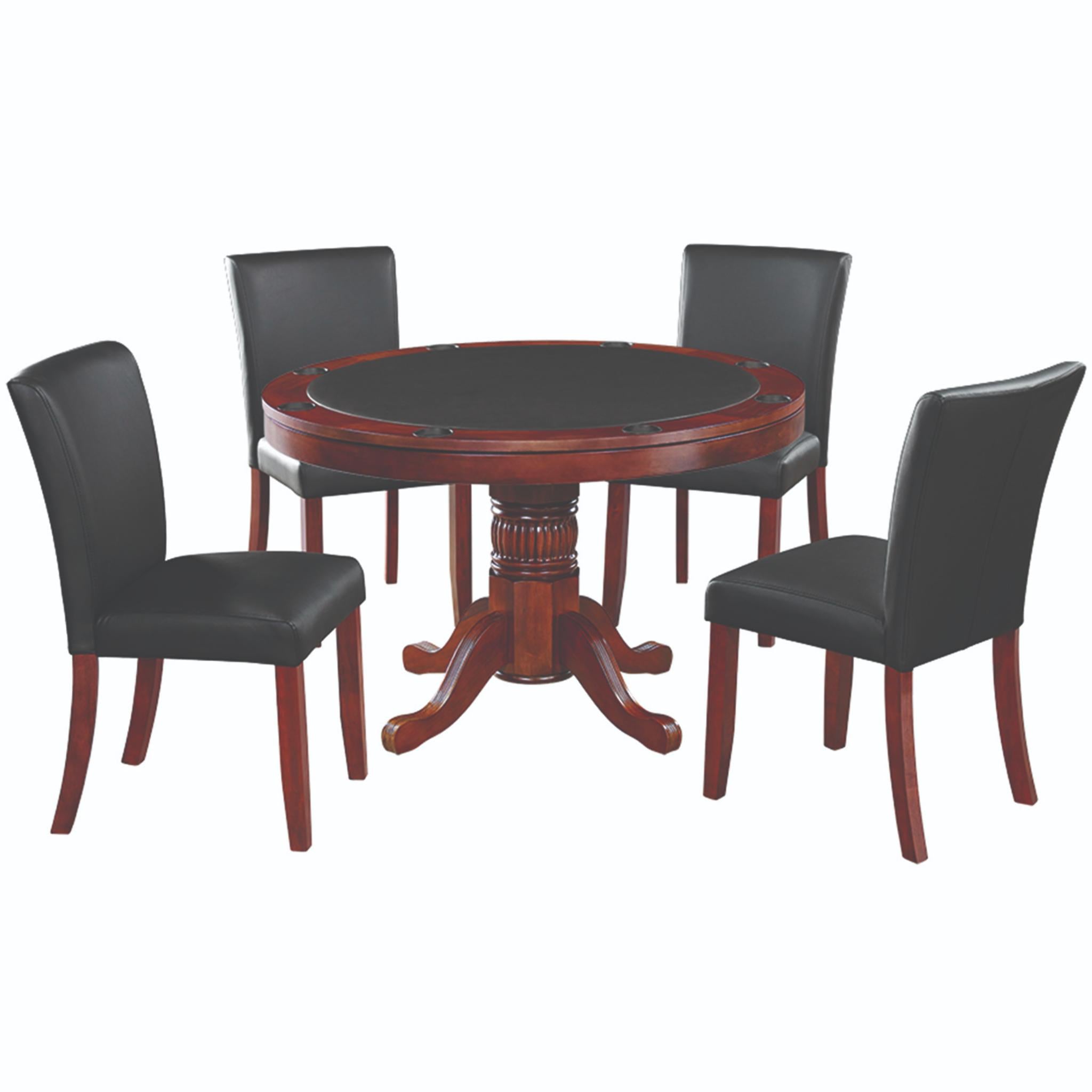 Ram Game Room 48-inch round 3-in-1 game table set with poker, dining surface, and four matching dining chairs in cappuccino finish.