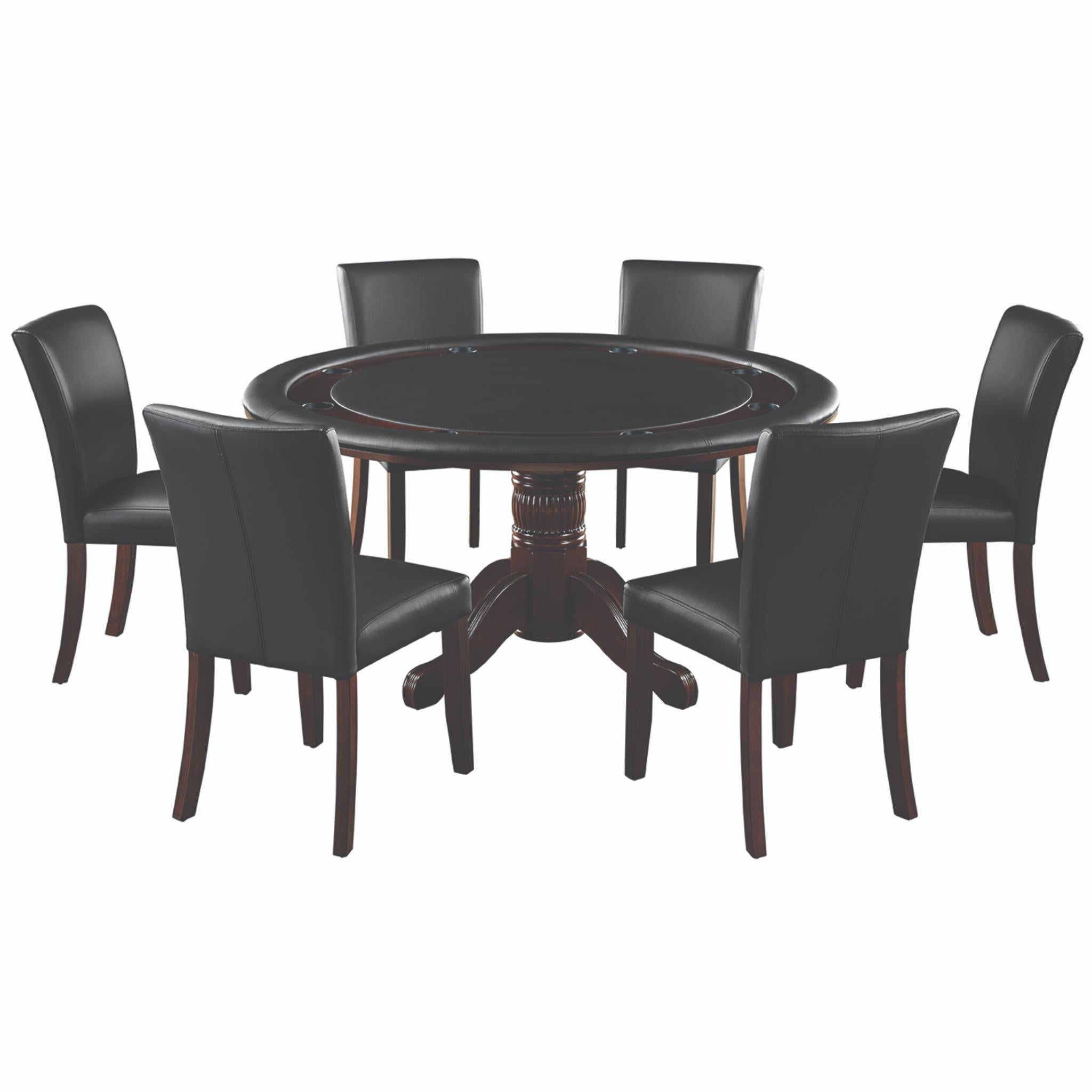Ram Game Room 60-inch round 2-in-1 poker and dining table set with six cappuccino dining chairs, ideal for game nights and meals.