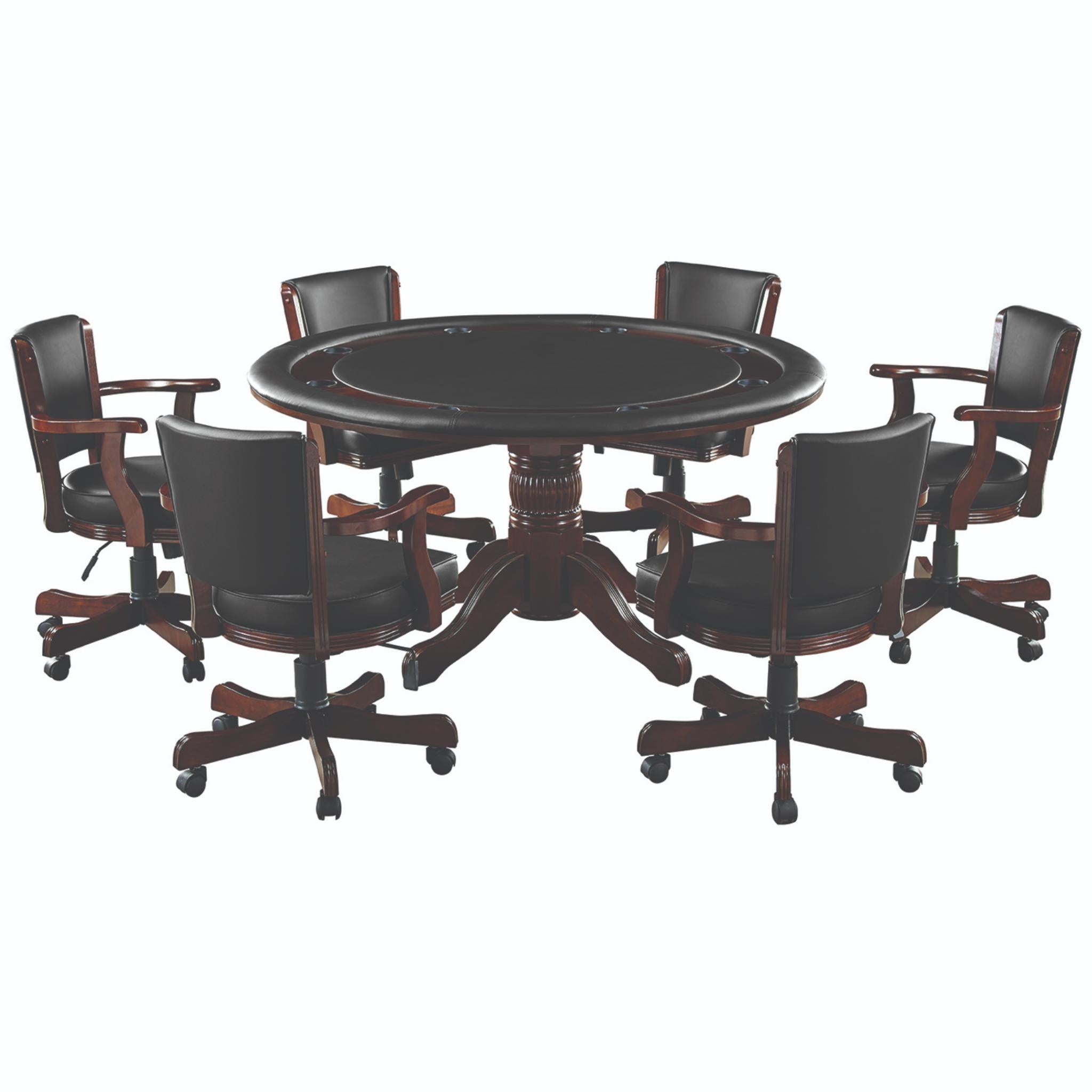 Ram Game Room 60" 2-in-1 poker and dining table set with cappuccino finish, includes six swivel chairs for game nights.