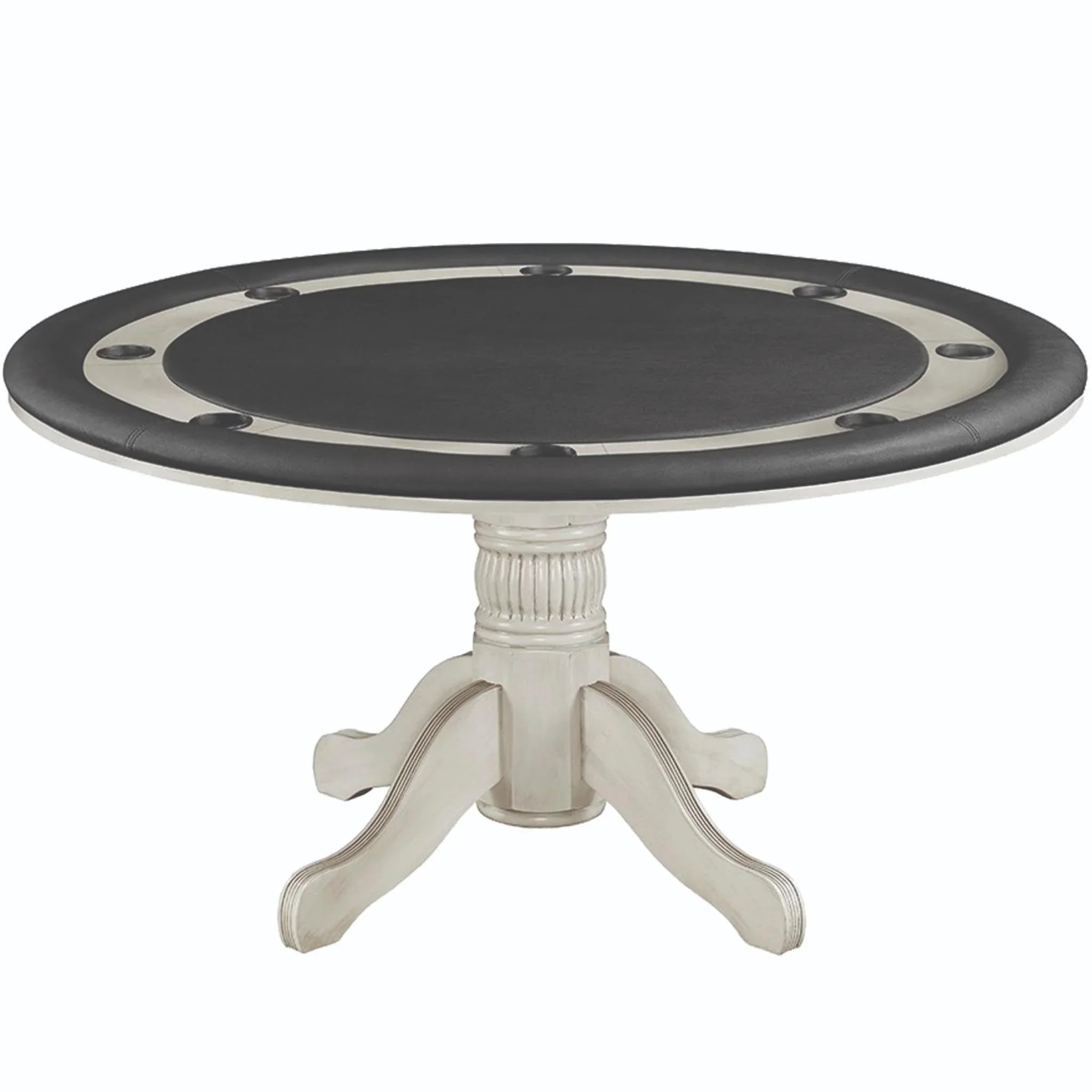 Ram Game Room 60-inch 2-in-1 poker dining table set with antique white finish and six swivel chairs, perfect for game nights.