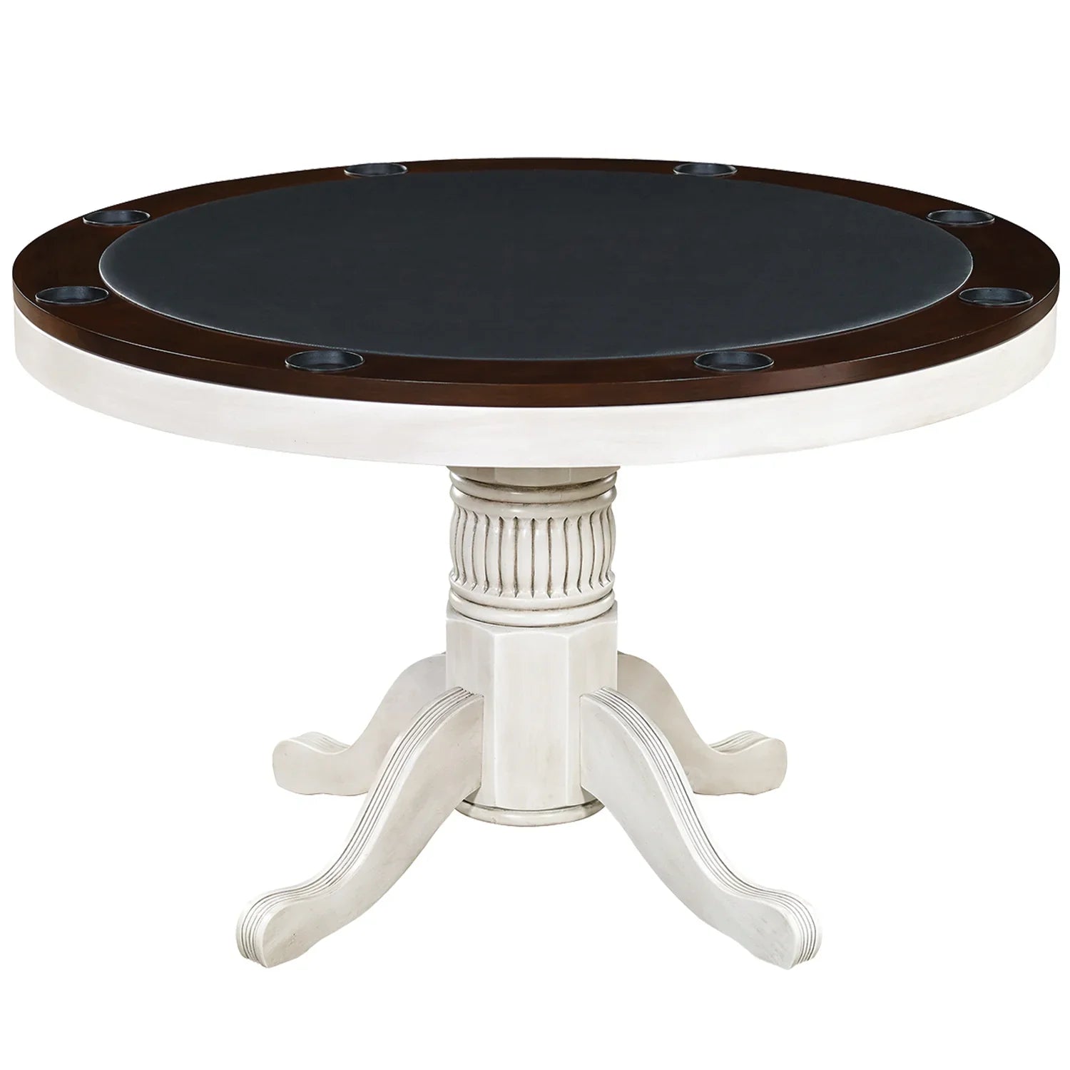 Ram Game Room 3-in-1 game table with round poker, dining, and storage features in antique white finish.