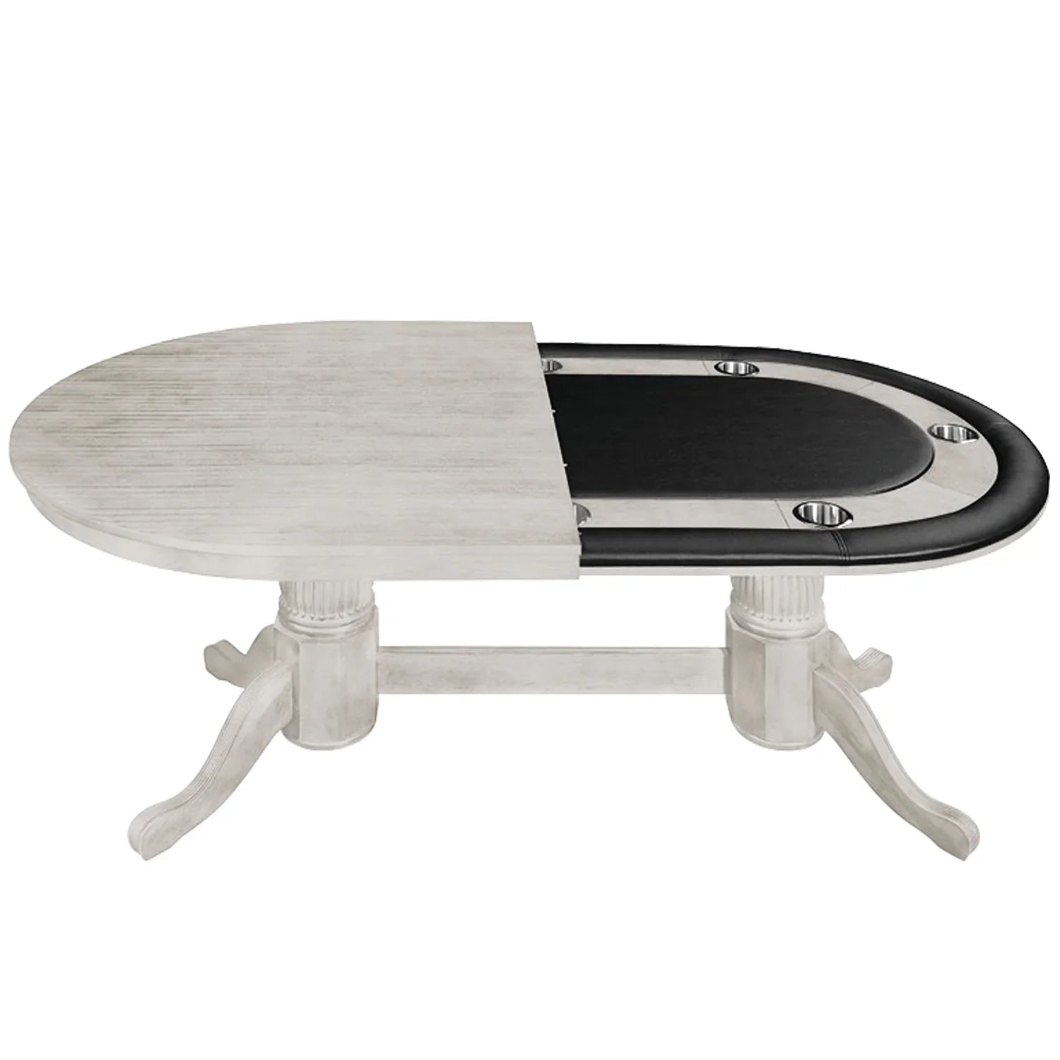 Ram Game Room Texas Hold’em Poker Table in antique white, 84-inch professional poker table with padded rails and built-in chip trays.