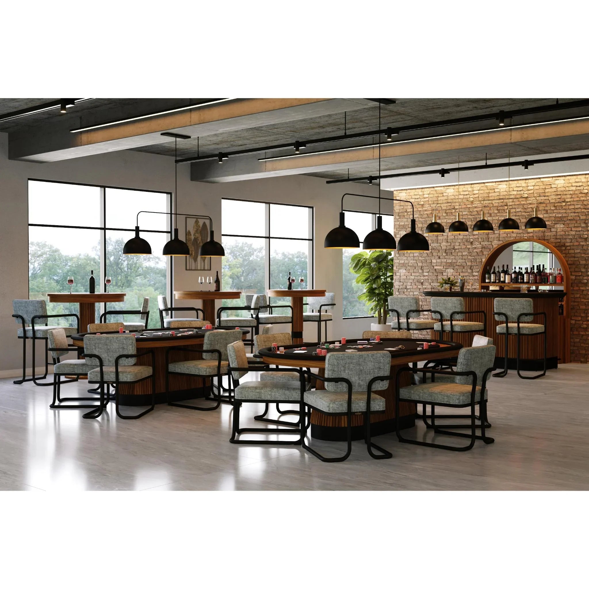 Ram Game Room Prohibition Series poker table, 84-inch Texas Hold’em table with walnut finish, featuring a professional game room design.