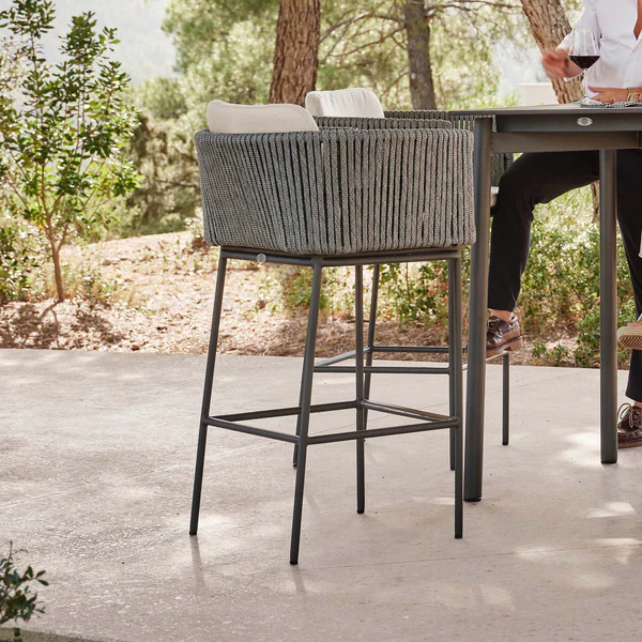 Skyline Design Boston Barstool with strap light grey weave, outdoor bar seating, modern and stylish design for patio or outdoor space.