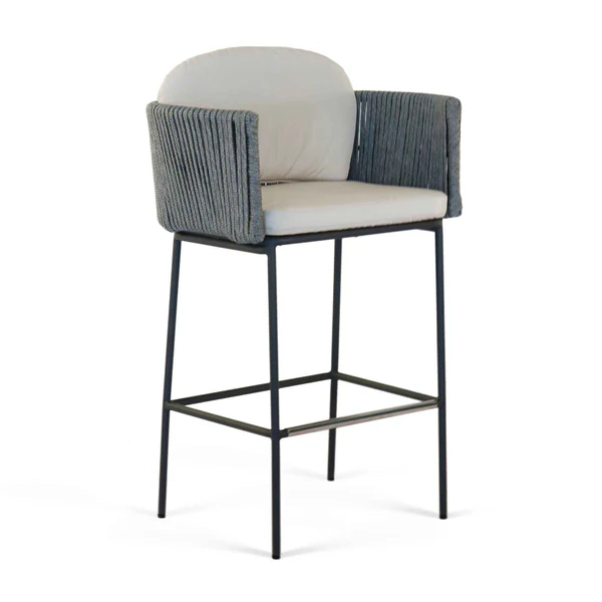 Skyline Design Boston Barstool with strap light grey weave outdoor seating, featuring a sturdy frame and comfortable bar height design.