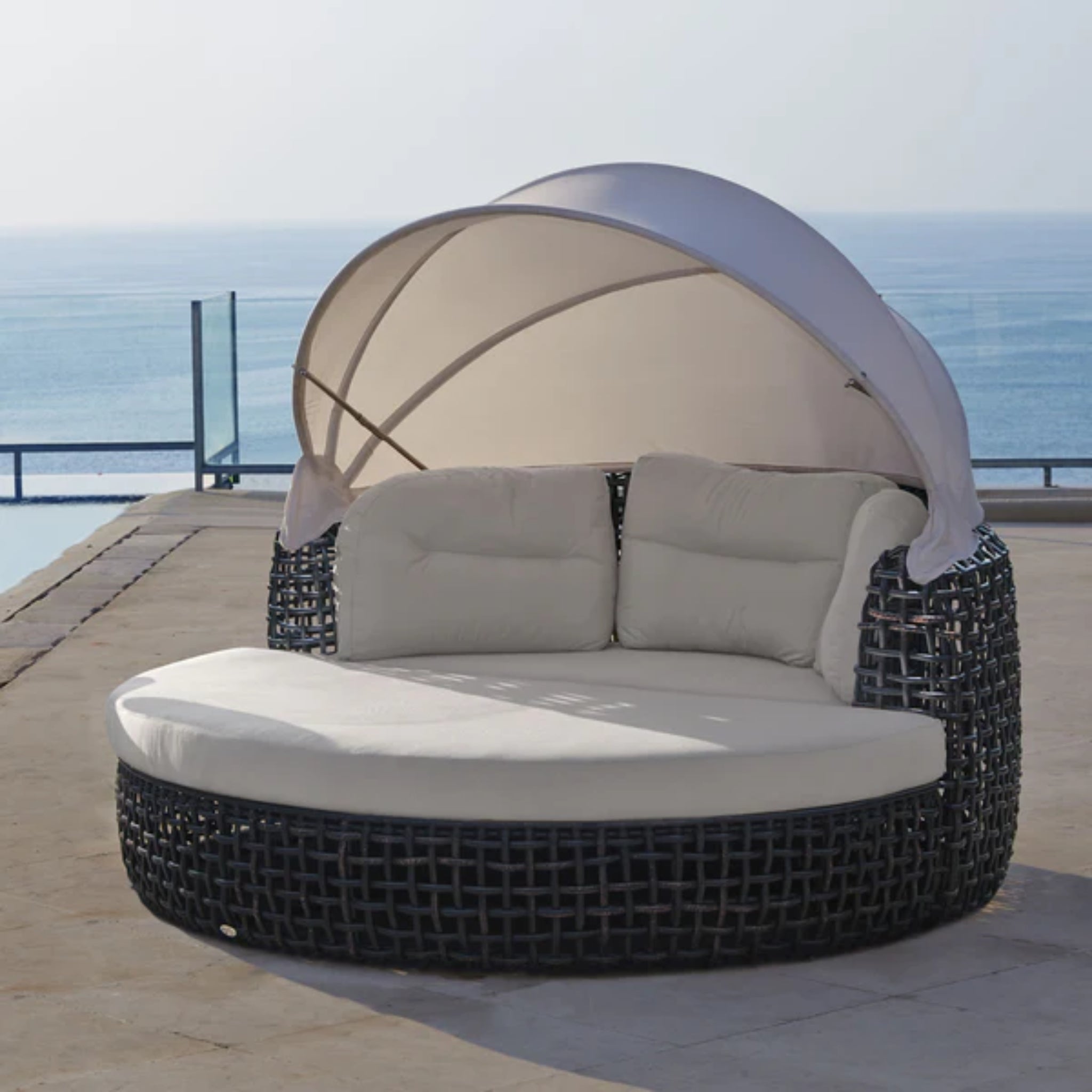 Black Skyline Design Dynasty outdoor daybed with canopy, mushroom woven fiber, luxurious 2-piece outdoor lounge set