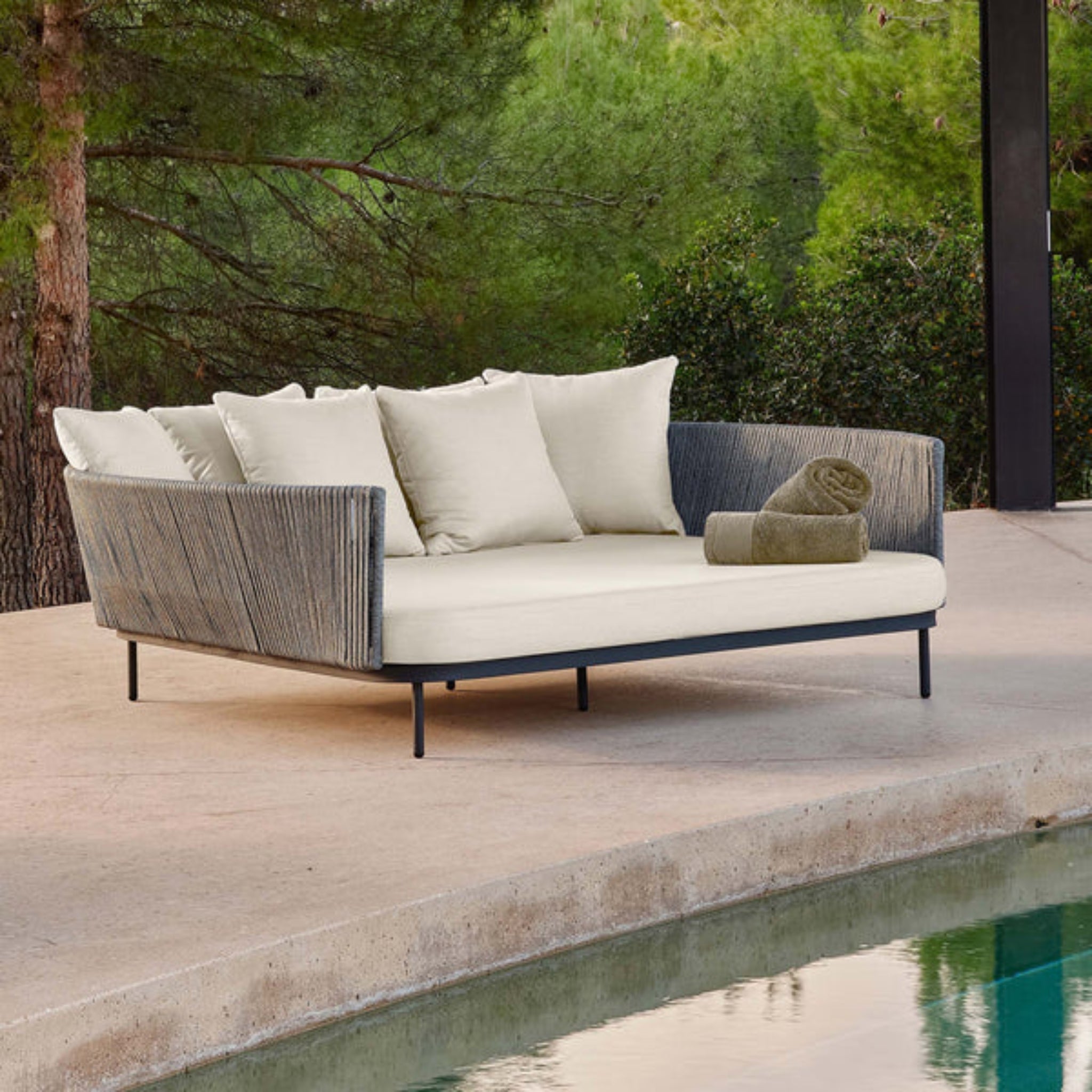 Skyline Design Boston outdoor daybed with light grey strap weave, luxurious and stylish for outdoor relaxation.