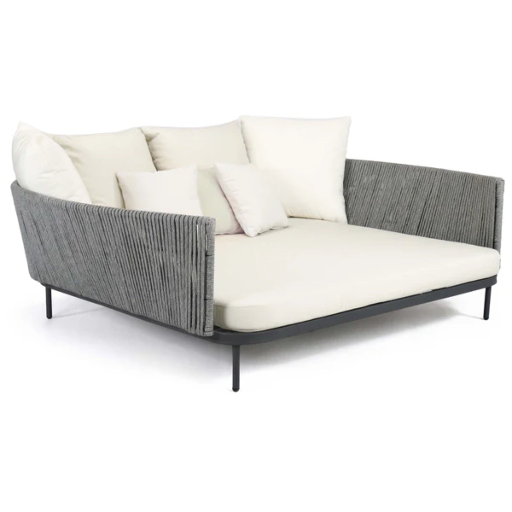 Skyline Design Boston outdoor daybed with light grey strap weave, luxurious and comfortable for outdoor relaxation.