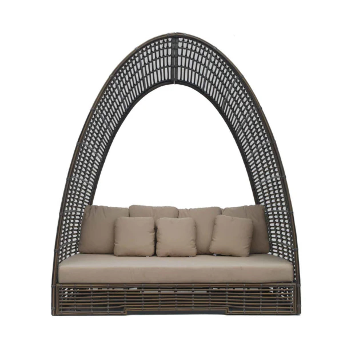 Skyline Design Ruby outdoor daybed with woven fiber in mushroom finish, stylish luxury patio furniture for outdoor lounging.
