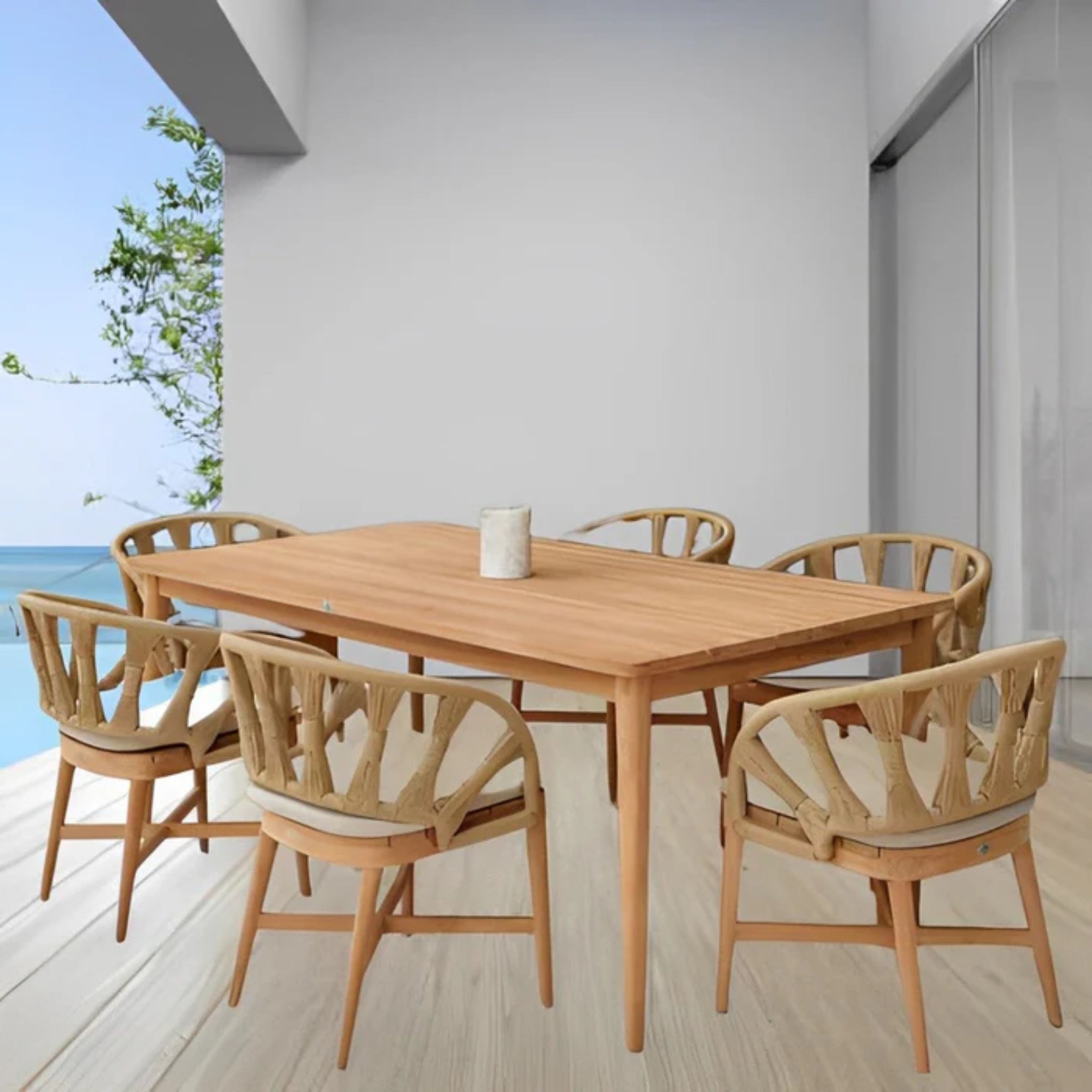 Skyline Design Krabi 7-Piece outdoor dining set with rectangular table and six Rami natural rope outdoor dining chairs.