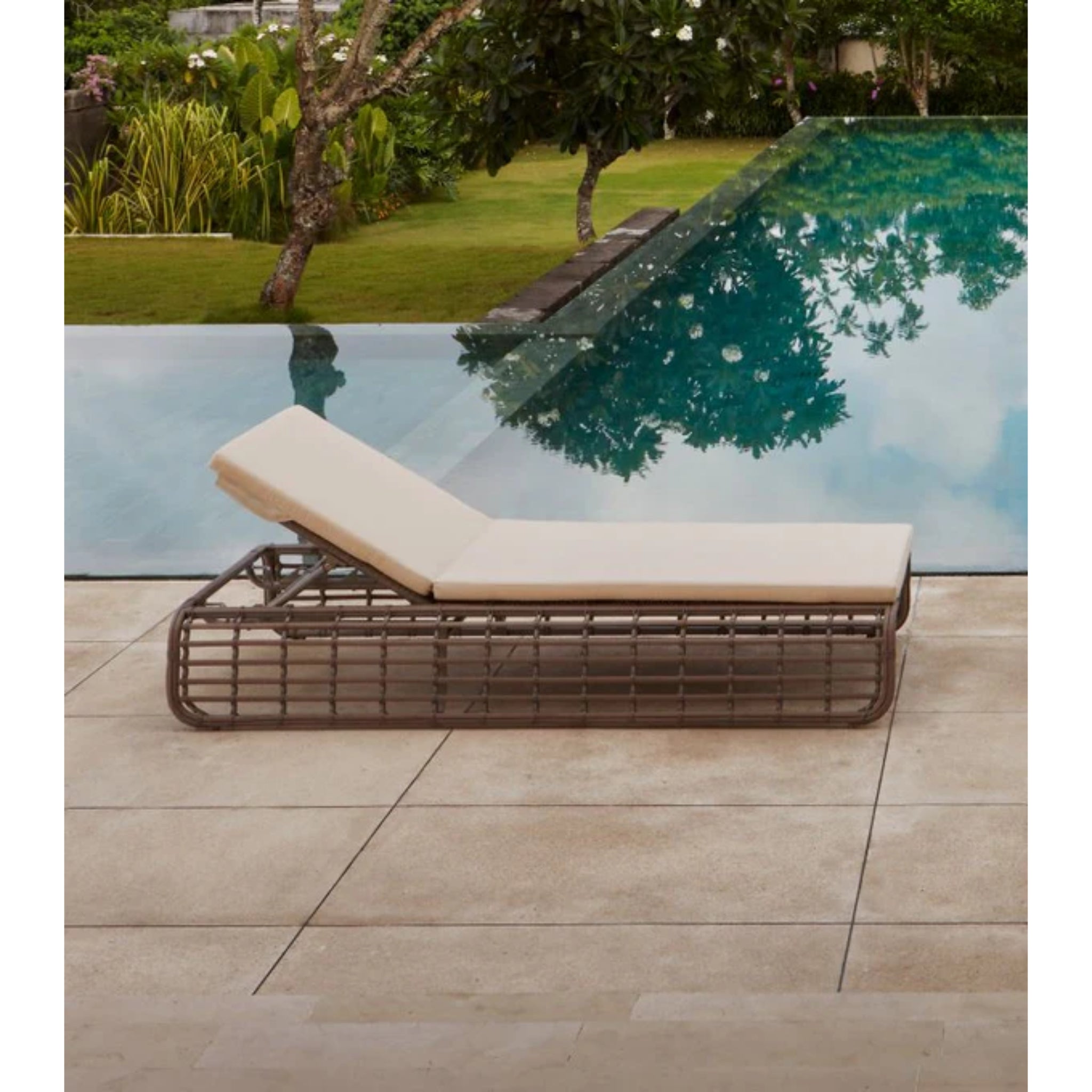 Skyline Design Ruby outdoor chaise lounge with mushroom woven fiber, poolside outdoor lounger for relaxing in the sun