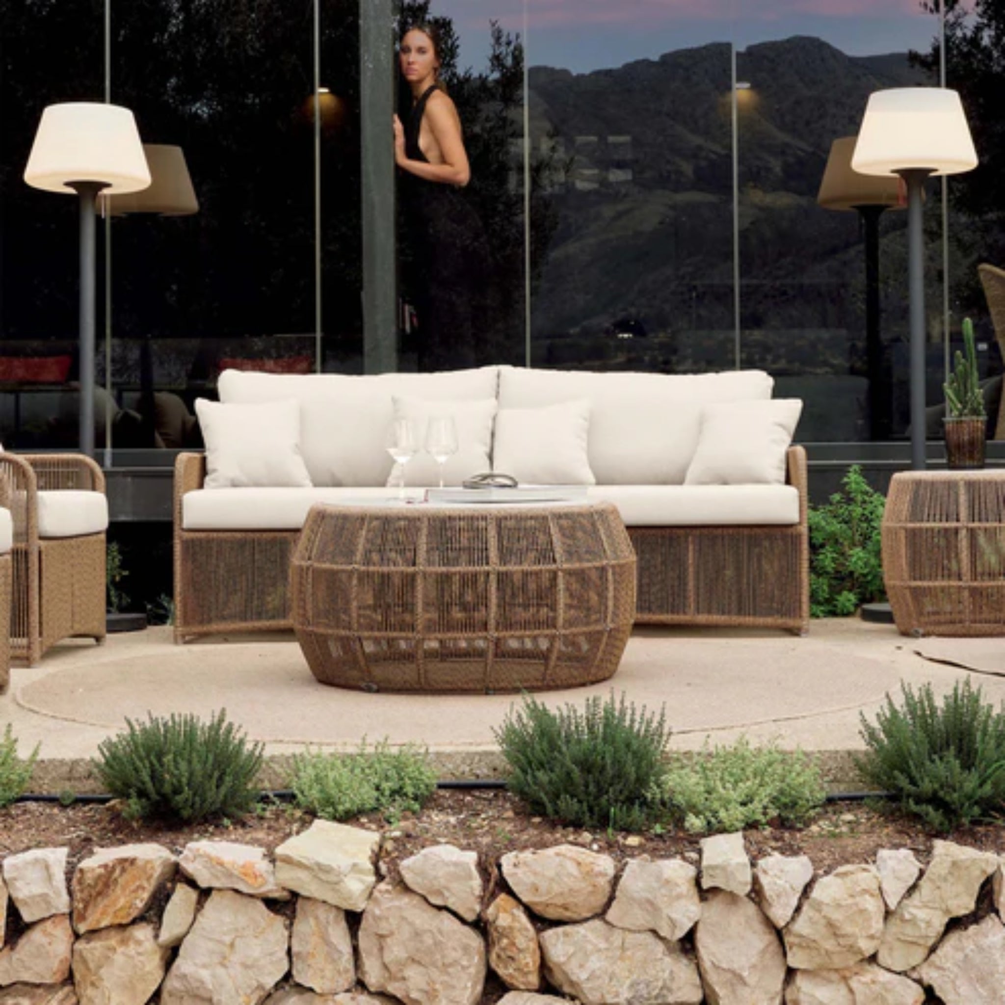 Skyline Design Calixto 6-piece outdoor lounge set with woven sofa, chairs, and tables for stylish outdoor seating.