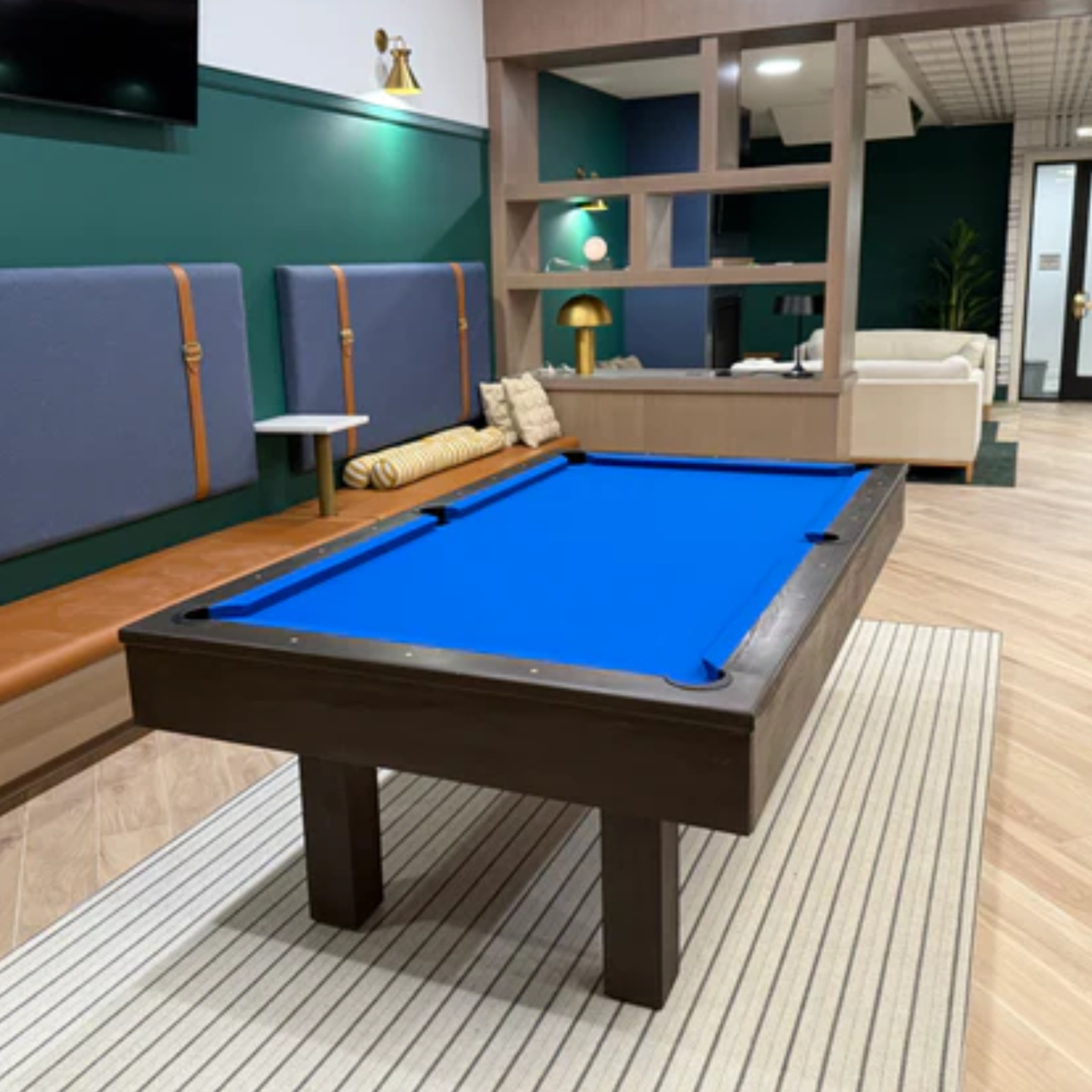 True North Legacy 8 ft solid hardwood pool table with espresso finish, navy-blue felt, Italian slate, and classic billiards design.