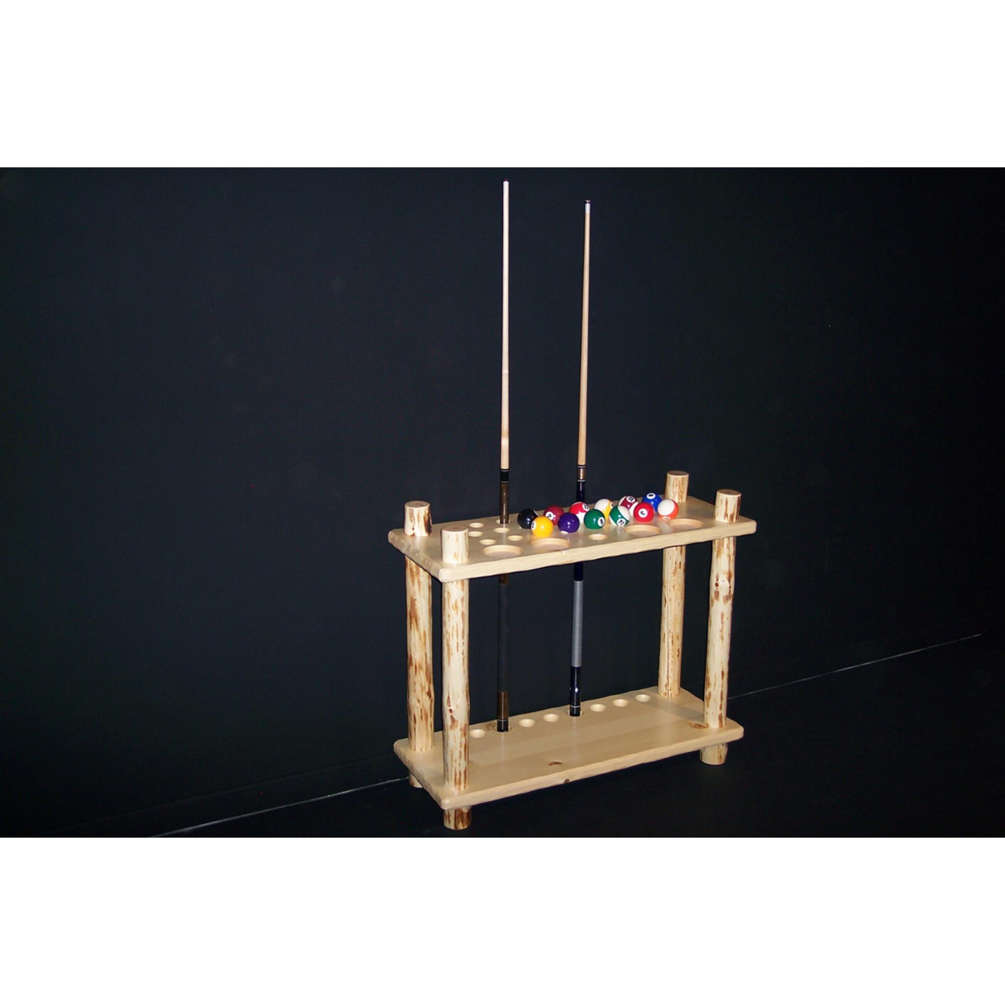 Viking Log Furniture Klondike cue rack with four styles, clear floor display, made of natural wood for billiards accessories storage.