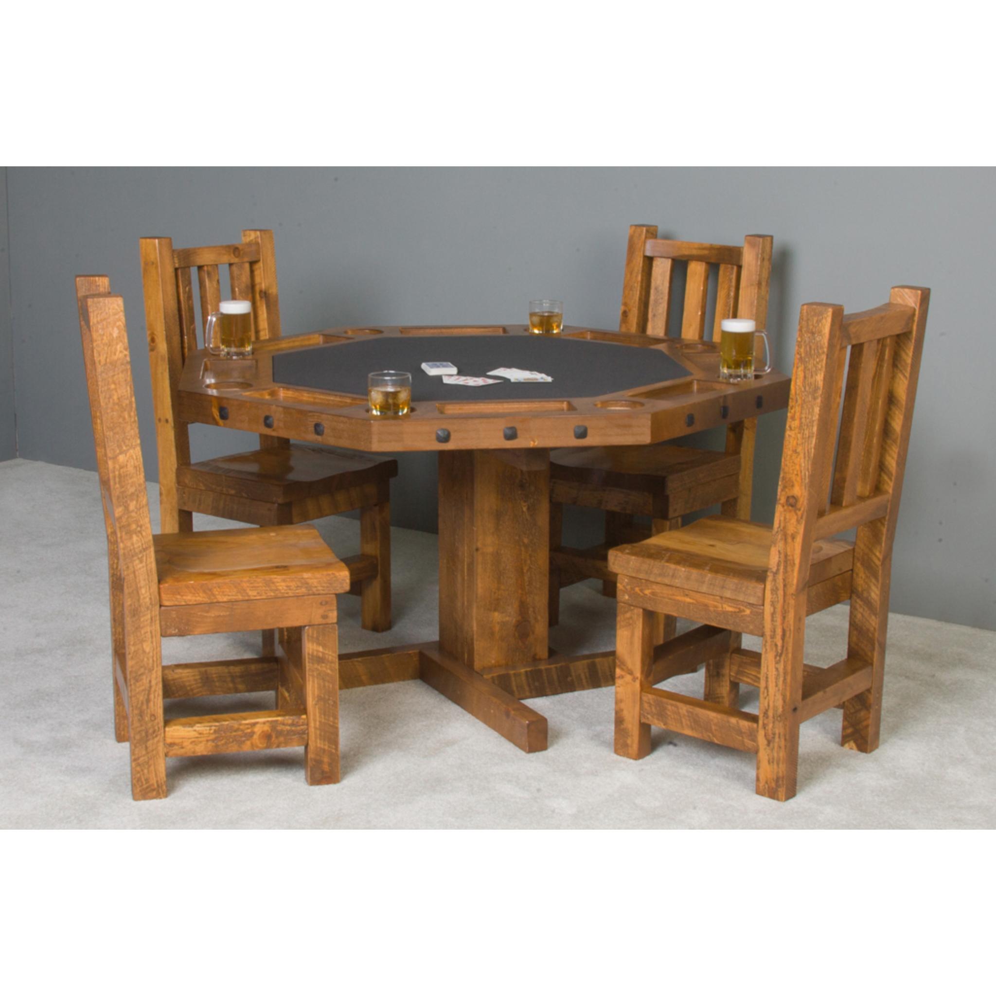 Dark Viking Log Furniture barnwood poker table with reversible dining top, featuring a sturdy reclaimed wood design.