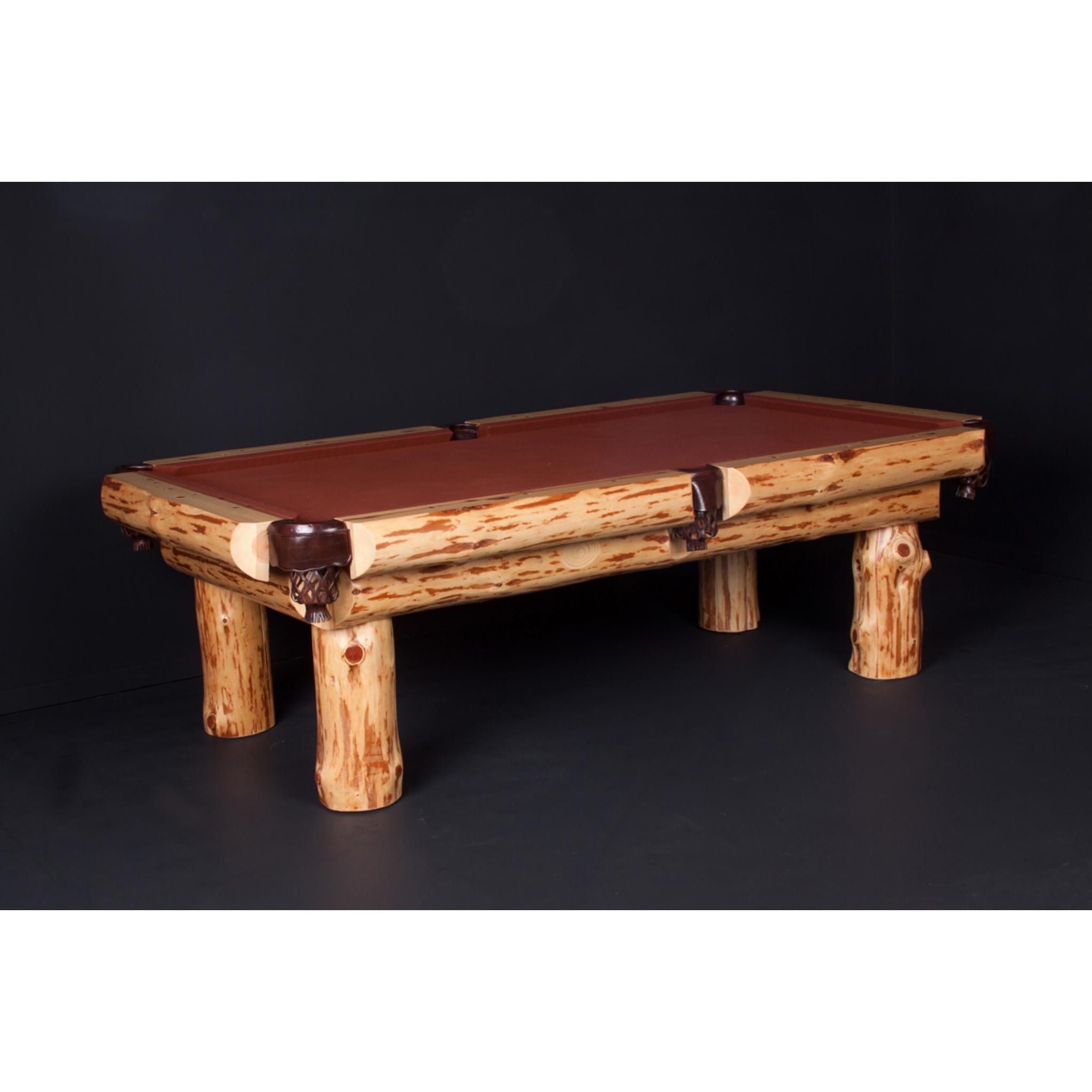 Rustic Viking Log Furniture Klondike Log Pool Table made of solid wood, with a natural wood finish and billiards surface.