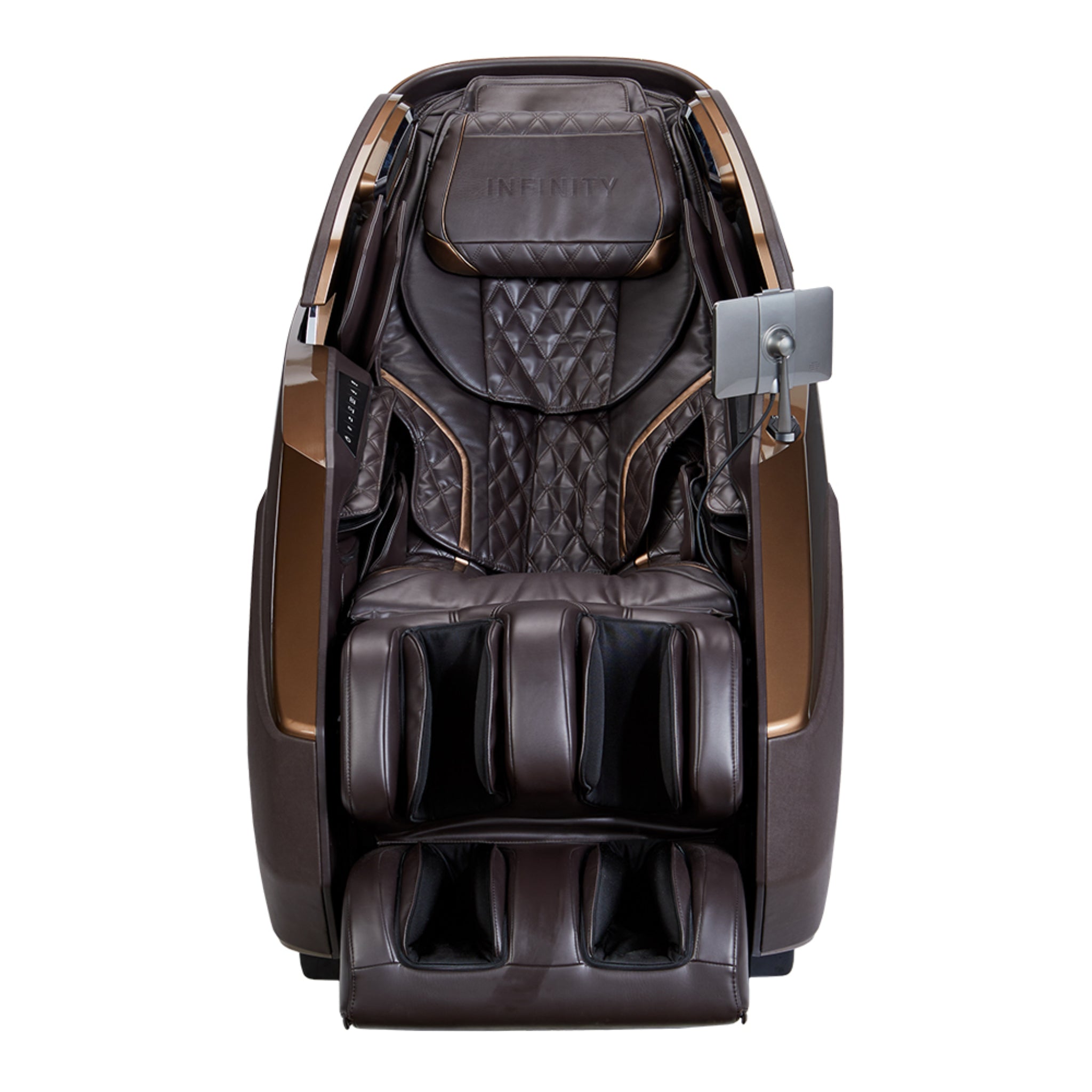 Infinity Imperial Syner-D massage chair with full body design, luxurious padding, and control panel for zero gravity relaxation.