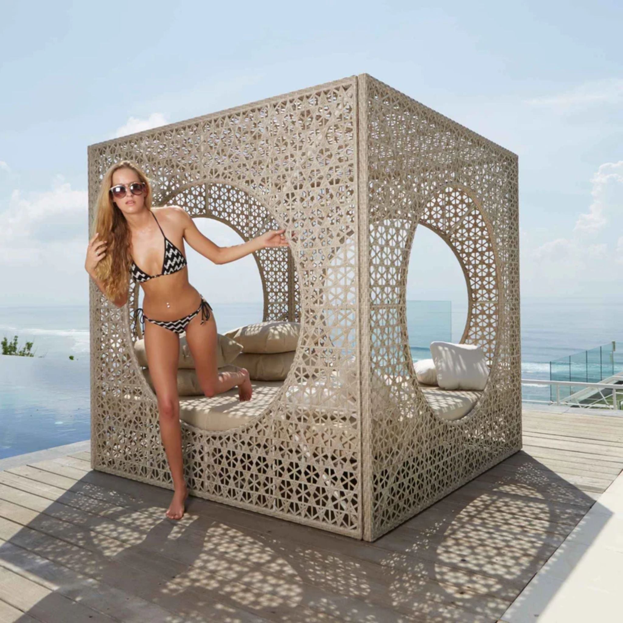 Skyline Design Cube outdoor daybed with Sunbrella® cushions, featuring a modern design and plush seating for outdoor relaxation.